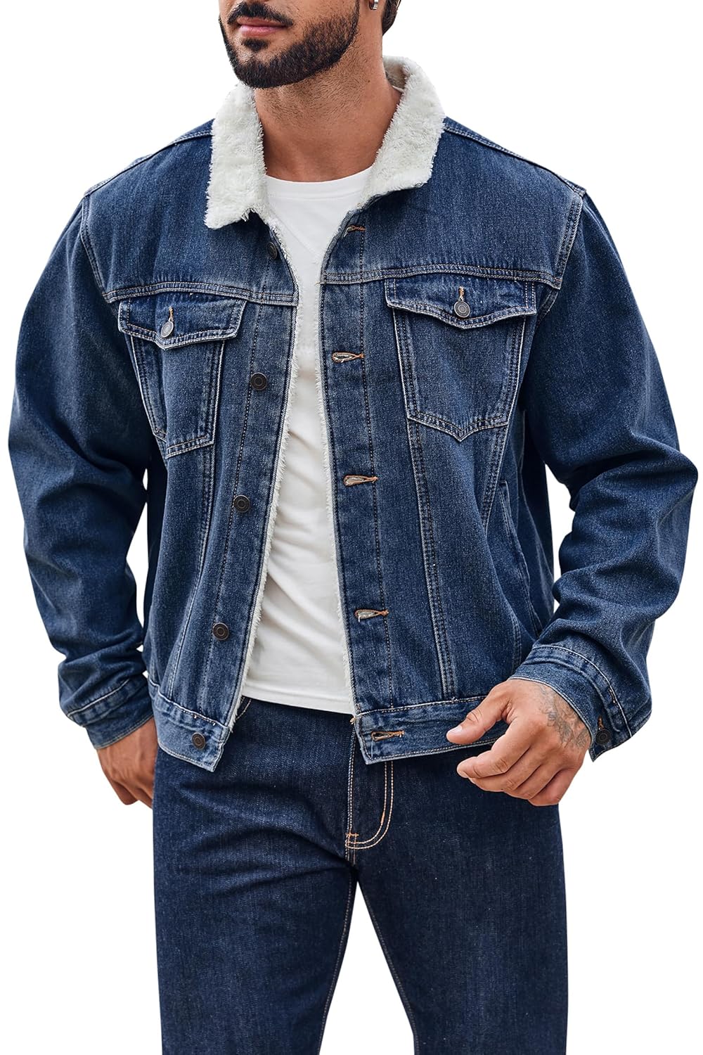 Runcati Jaqueta jeans masculina forrada com lã de ovelha casual inverno quente com botões e bolso