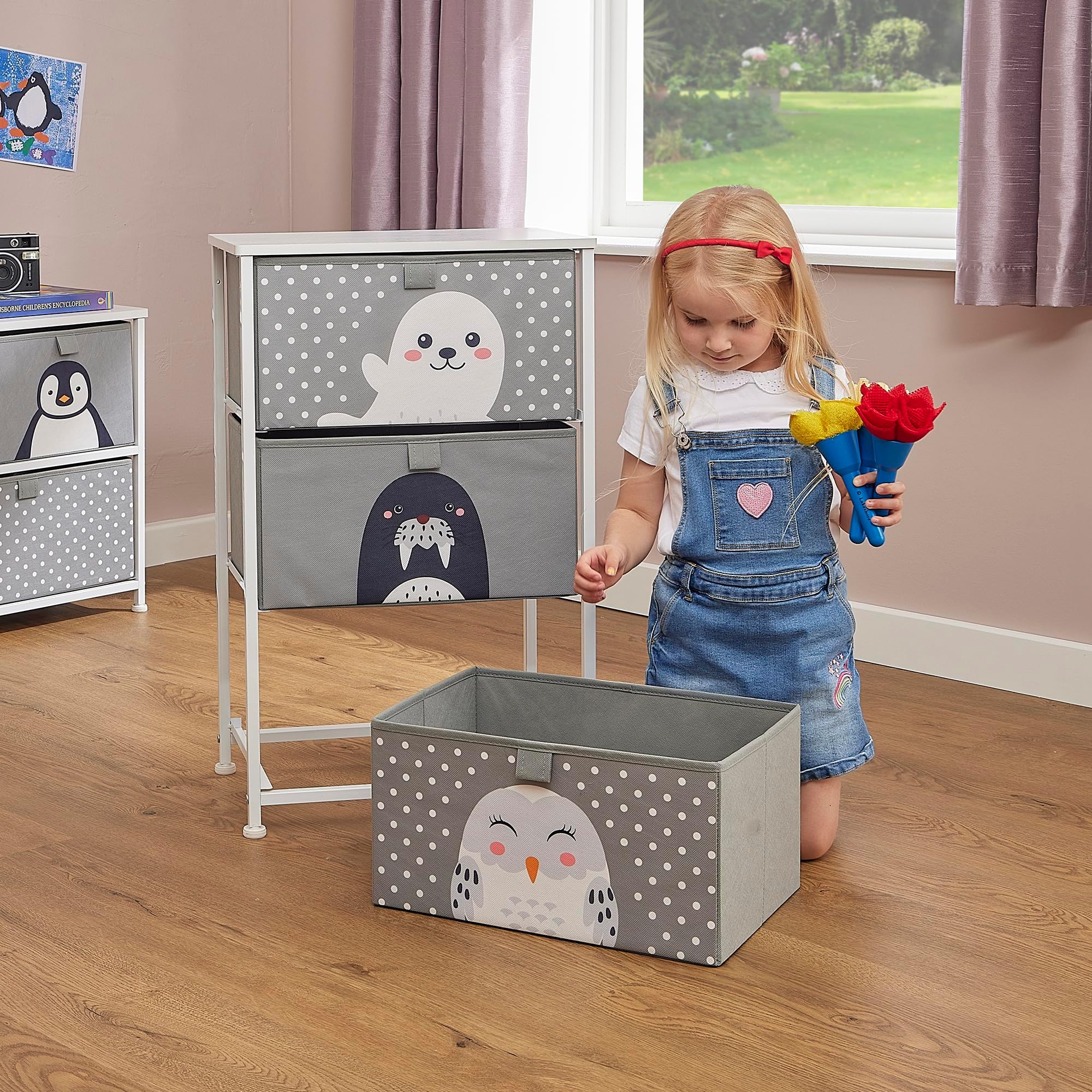 Kids Arctic Chest of Drawers - Furniture Storage Chest for Kid’s, Bedroom, Nursery, Playroom, Clothes, Toy Storage - Steel Frame, Wood Top, 3 Fabric Bins