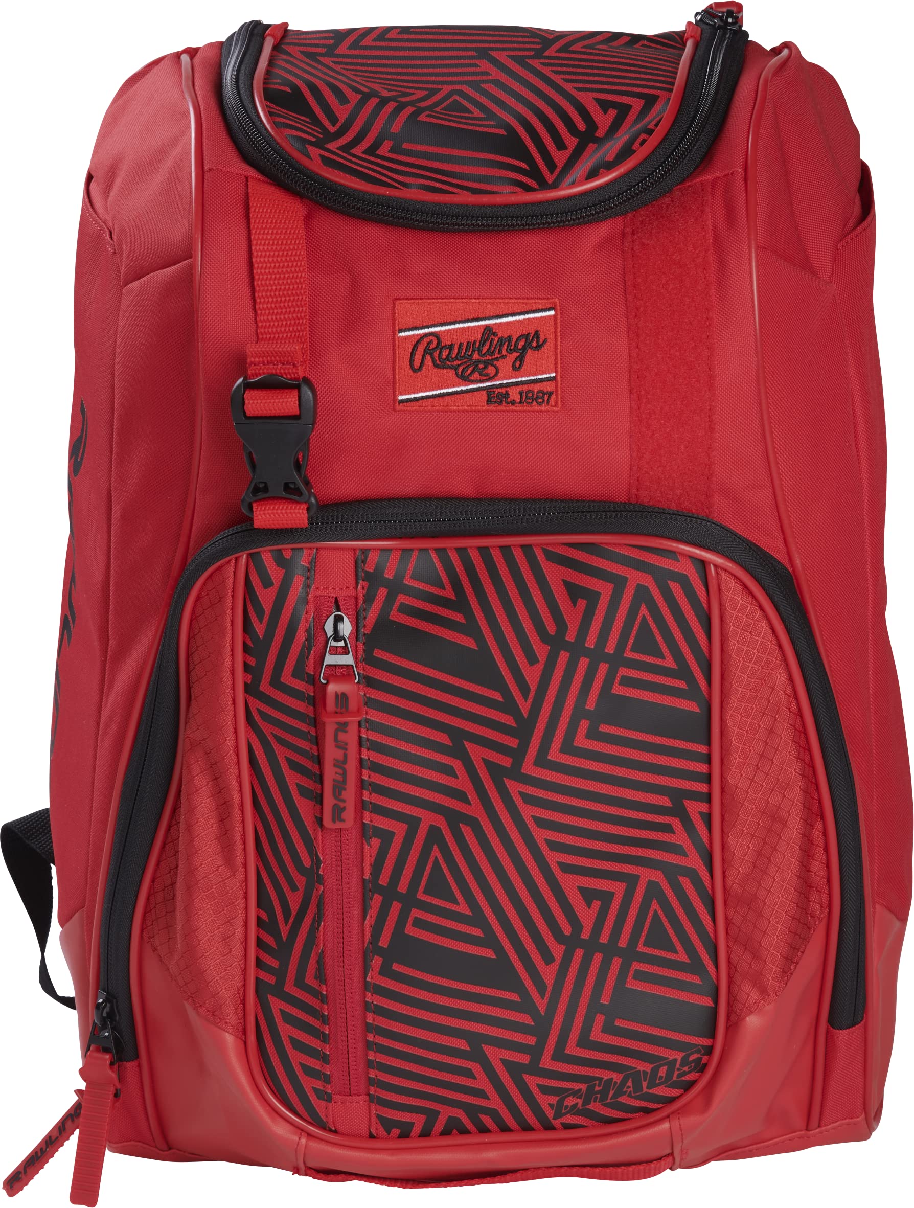 Rawlings Chaos Backpack Bag Series, Juvenil, béisbol y softbol de Lanzamiento rápido, Escarlata/Negro, L, Caos