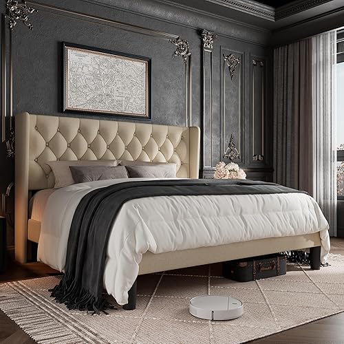 King Size Bed Frame with Button Tufted Headboard, Upholstered Platform Bed Frame with UnderBed Storage, Wooden Slats Supports, Noise Free, No Box Spring Needed, Easy Assembly, Beige