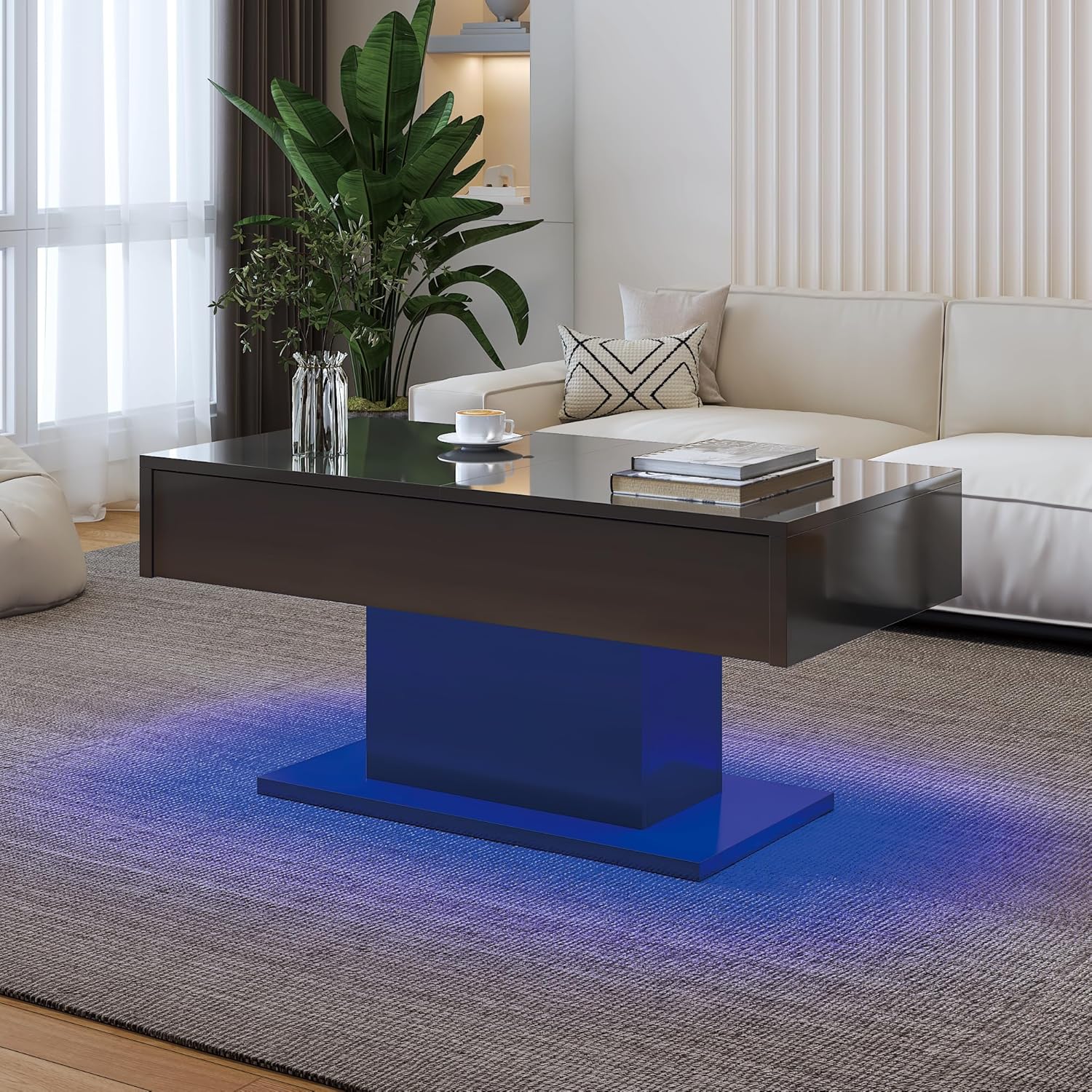 Black Modern Coffee Table with Hidden Storage for Living Room, Living Room Table Rectangular Center Tables Sliding Top with LED Lights, Wooden Cocktail Table for Reception Room