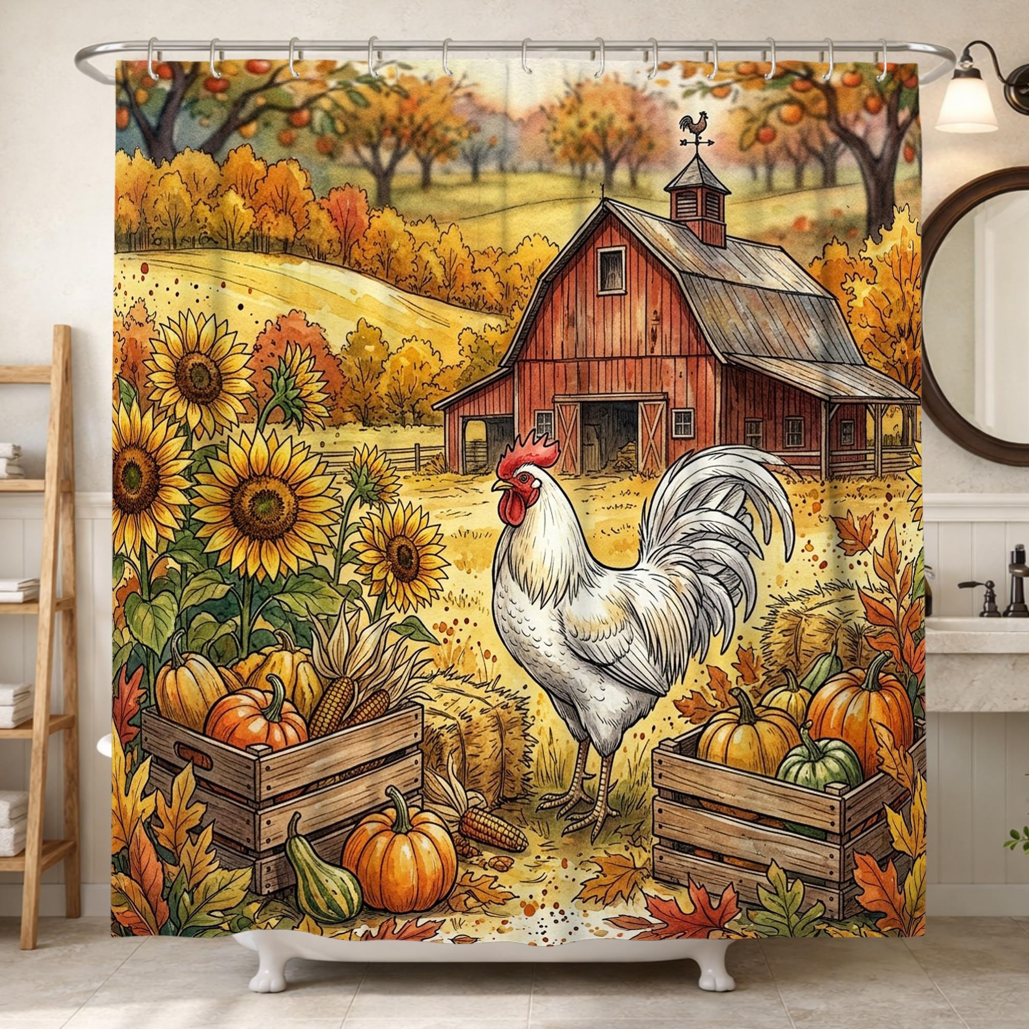 Rideau de douche imperméable contre les éclaboussures de baignoire avec motif coq et tournesols