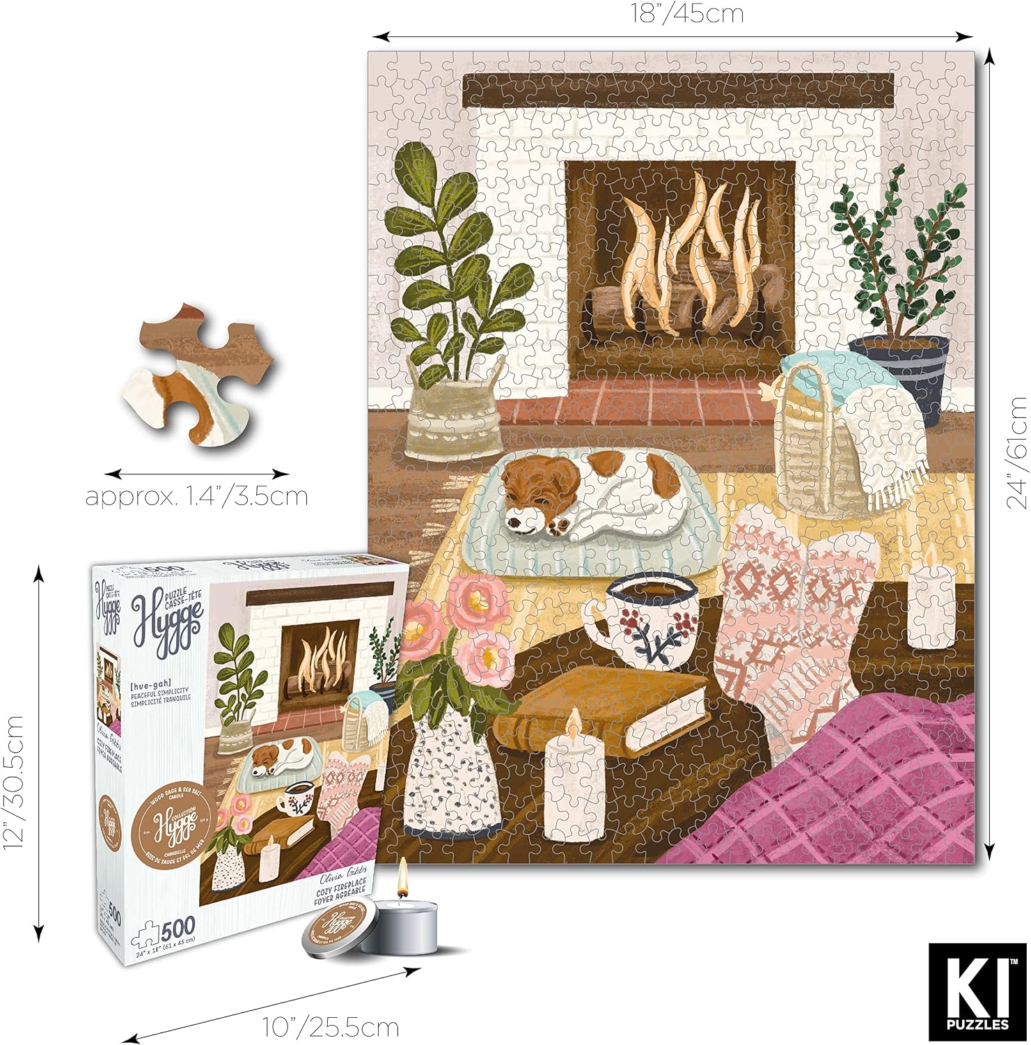 500 Piece Puzzle for Adults Hygge Collection Cozy Fireplace by Olivia Gibbs Blueboard Puzzle Jigsaw + Bonus Candle KI Puzzles from Playview