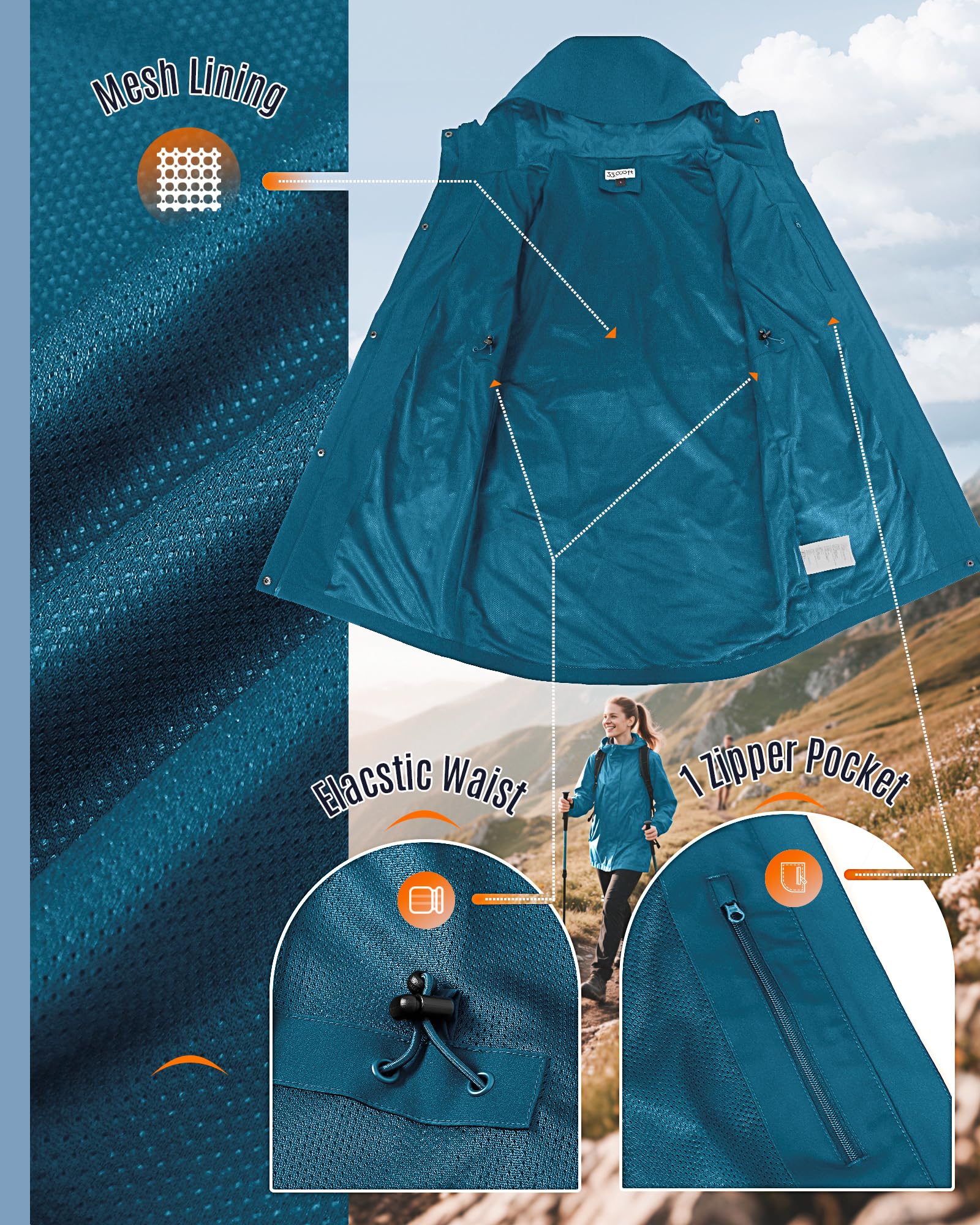 33,000ft Damen Regenjacke Windbreaker Lange Wasserdichte Softshelljacke mit Kapuze Leicht Übergangsjacke Wanderjacke Atmungsaktive Regenmantel für Frühling Sommer und Herbst