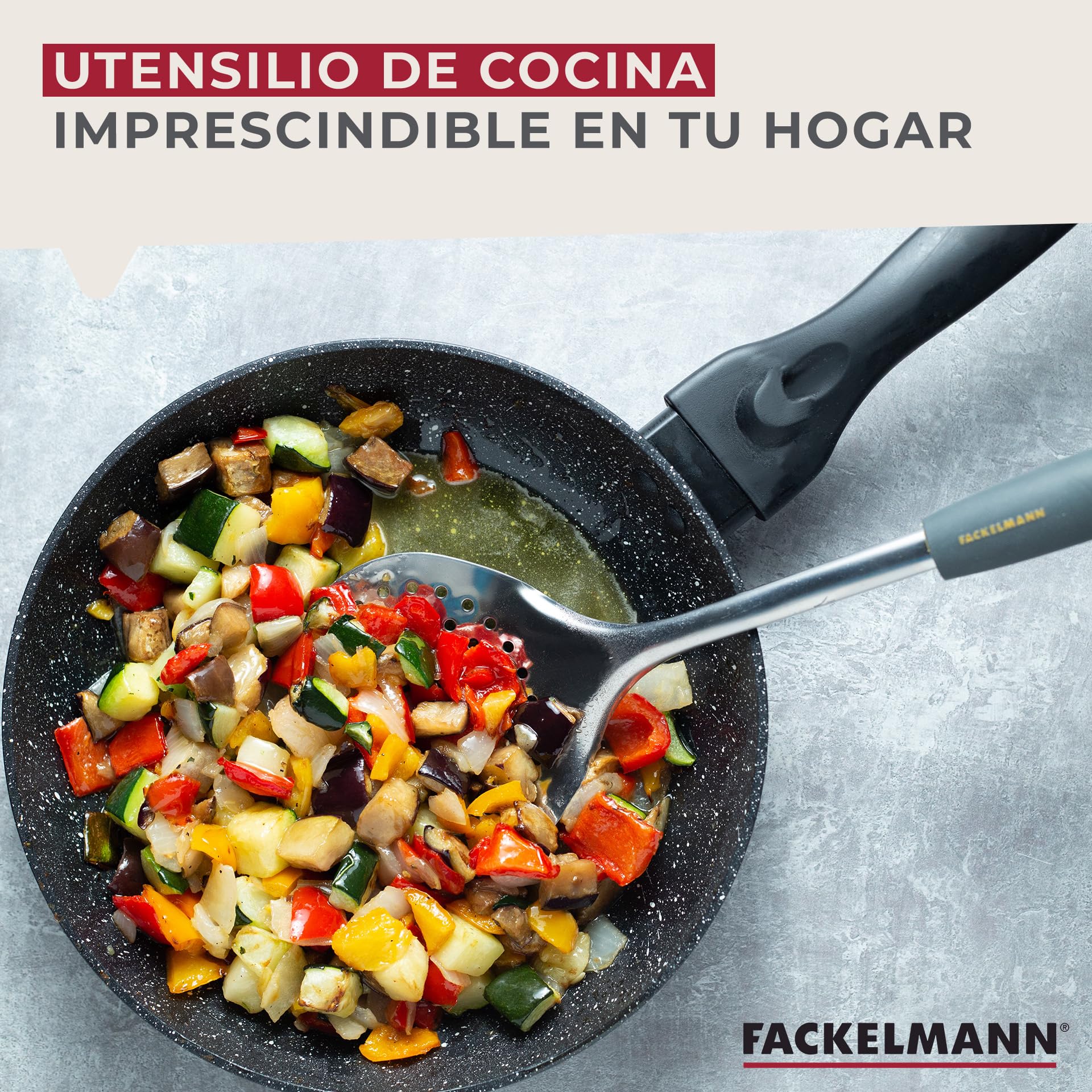 FACKELMANN Espumadera 34cm. Soft, polipropileno, TPR, acero inox, color inox, naranja y gris. 1 ud.