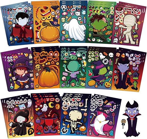 42 hojas de calcomanías de Halloween para diseño de cuerpo completo, haz tu propia calcomanía con calcomanías de calabaza vampiro y bruja zombi,