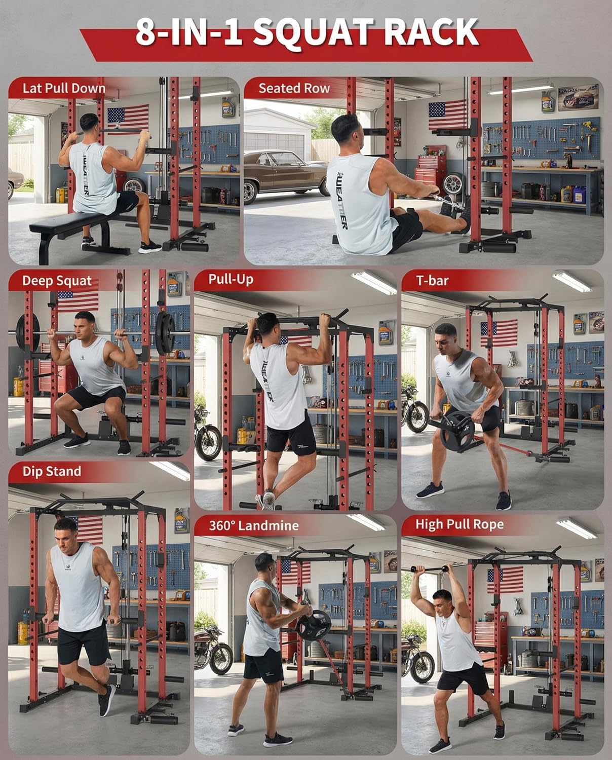1200LBS Power Cage Squat Rack, Home Gym Strength Training Rack with Pulley, Lat Pulldown, Dip Bars, Pull Up Bar, Low Row, Landmine, Weight Storage, Multi-Functional Equipment