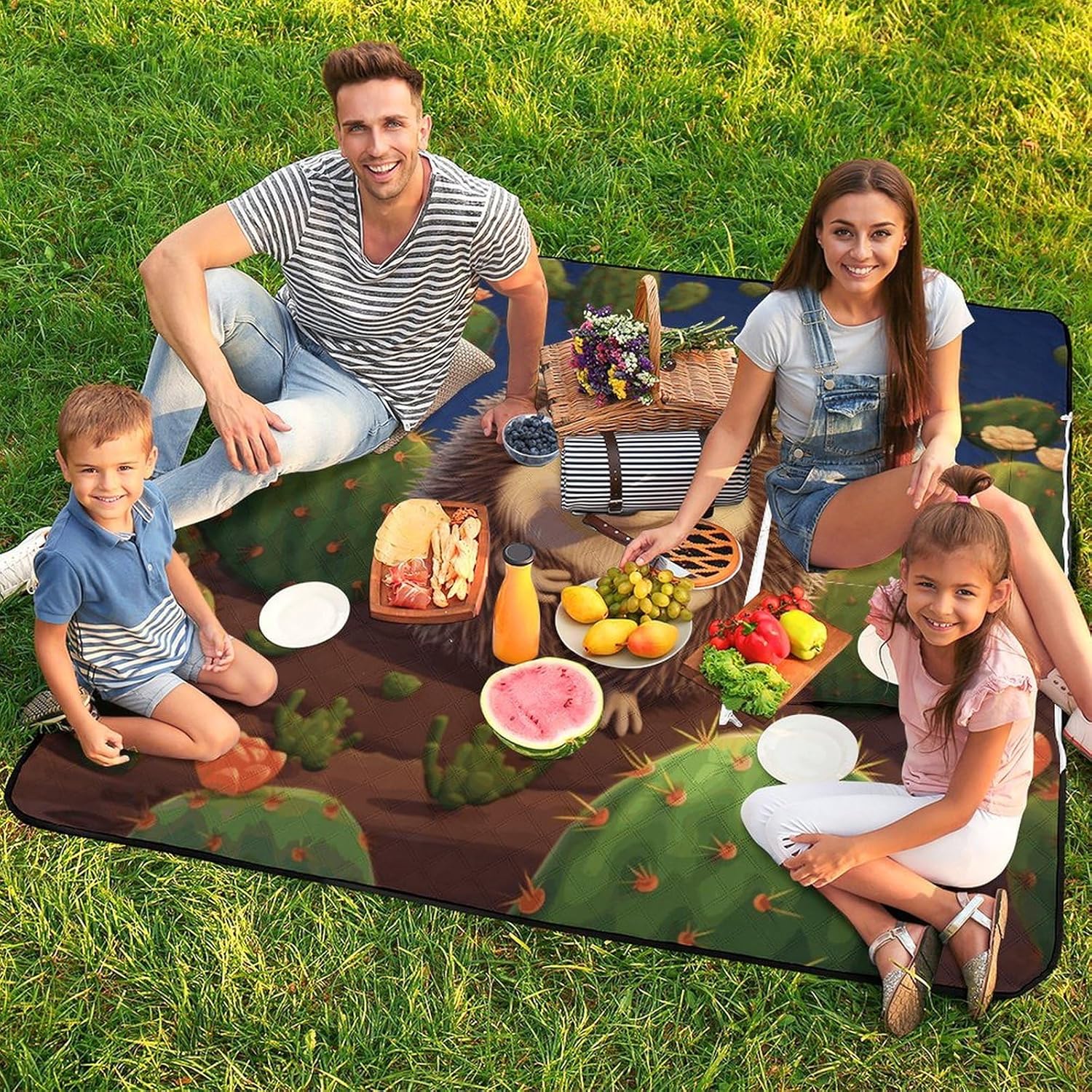 Hedgehog Cactus Picnic Blanket with Zipper Water Resistant Sand Free Picnic Mat Washable Foldable Easy Carry Beach Blanket for Lawn Beach Hiking Camping