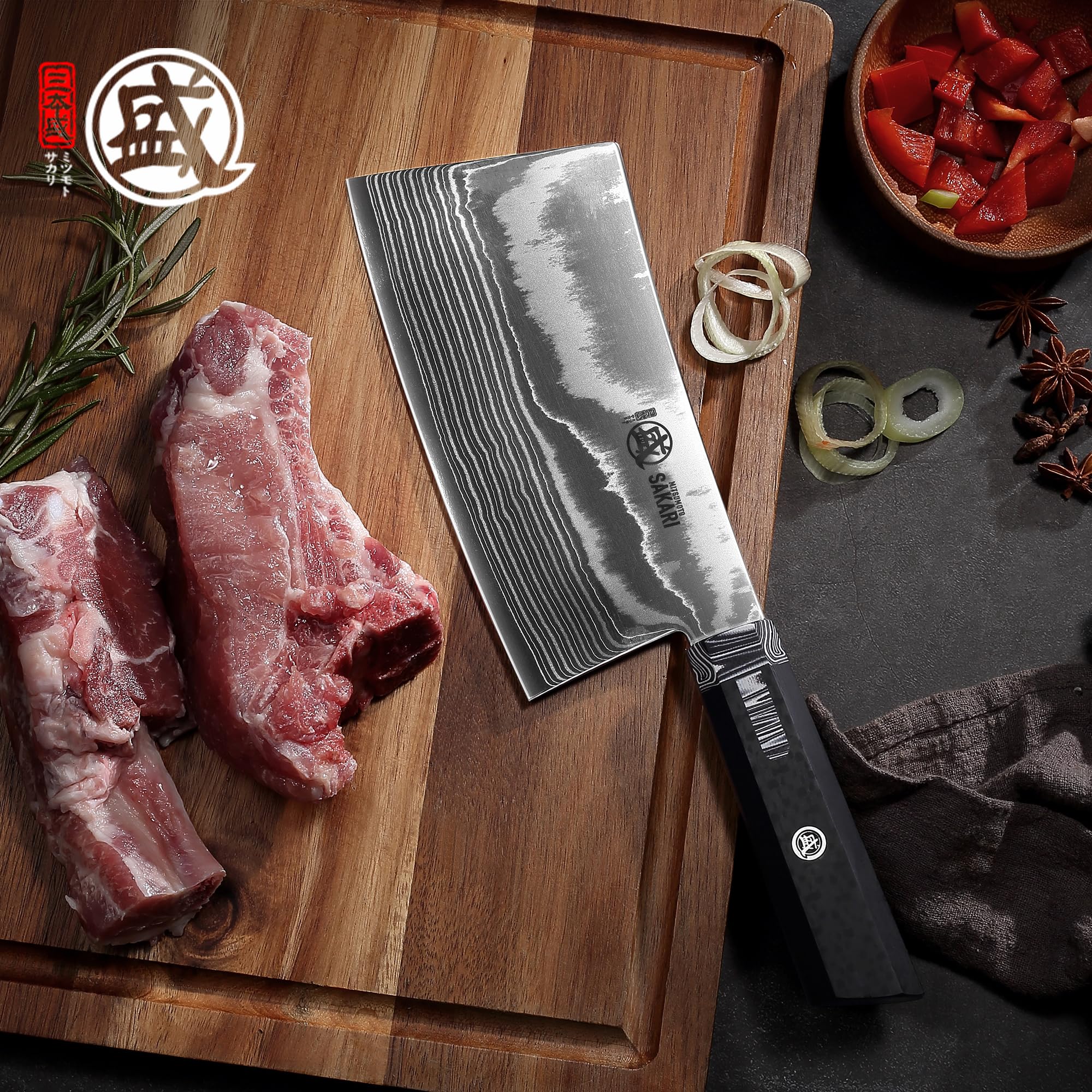 MITSUMOTO SAKARI Coltello per Ossi Giapponese da 17 cm Acciaio 8CR18MOV | Coltello da Cucina Damasco di Qualità Professionale, Manico G10 Ergonomico, Ideale per Tagliare Ossa e Carne