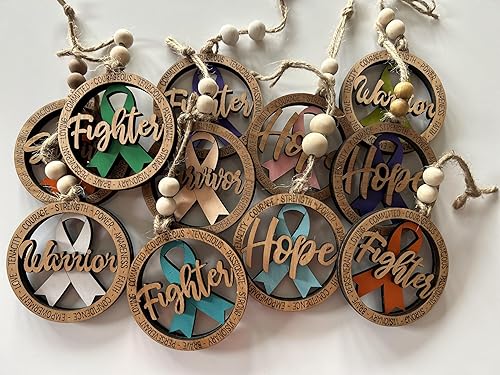 Cancer Awareness Ornament, Custom Engraved Keepsake Christmas Ornament, Multiple Colors and Wording Options (Fighter, Black)