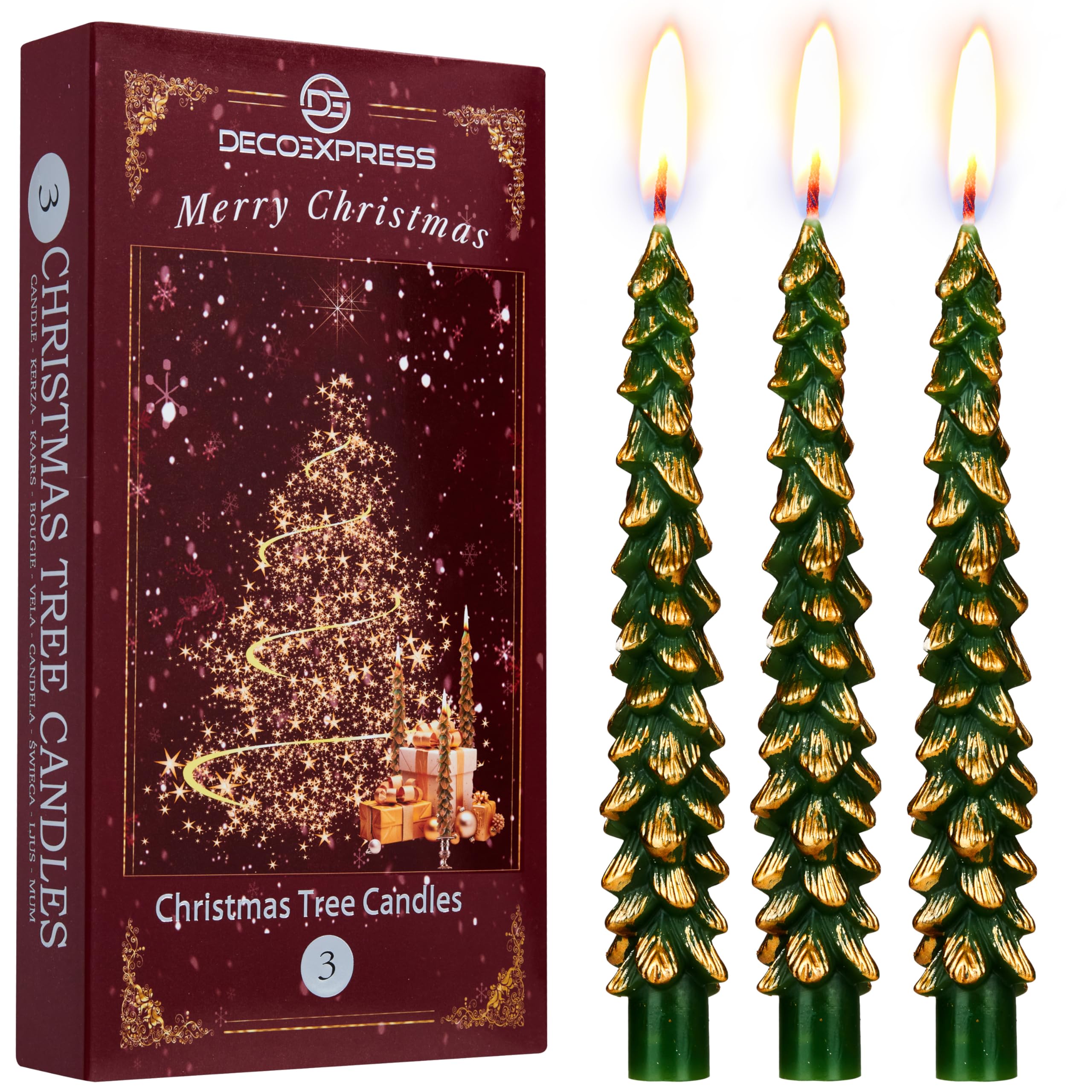 Deco Express Green/Gold Christmas Tree Candles Set Of 3 Or 6, Dinner Candles 7 Hr Burn, Table Centrepiece Festive Decor Xmas Holiday, Gift Set Home Decoration (, 3 Pcs)