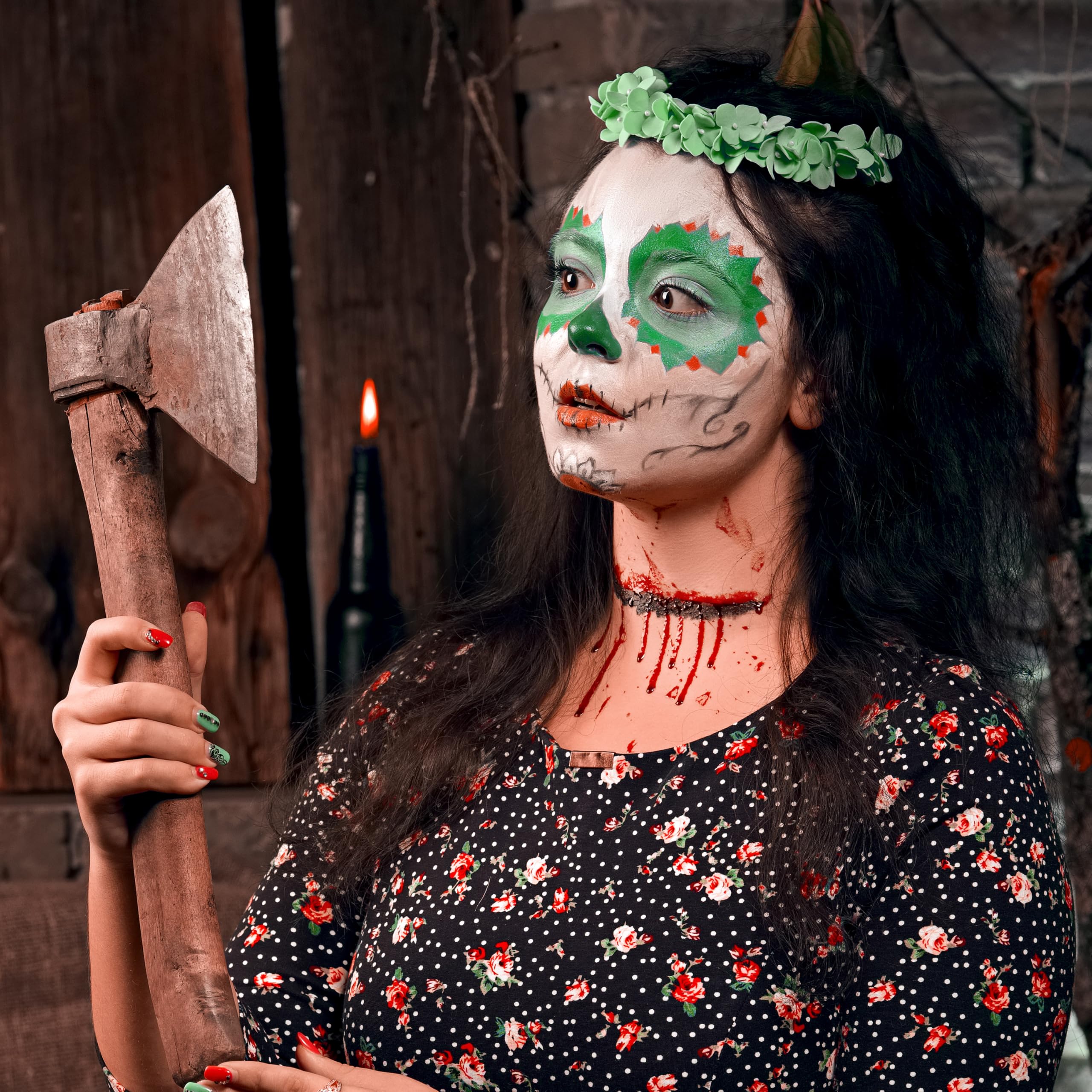 Juego de 6 piezas de maquillaje de Halloween, paleta de maquillaje de 6 colores, cera de cicatrices con herramienta de espátula, spray de sangre, esponjas de punteado, disfraz 8