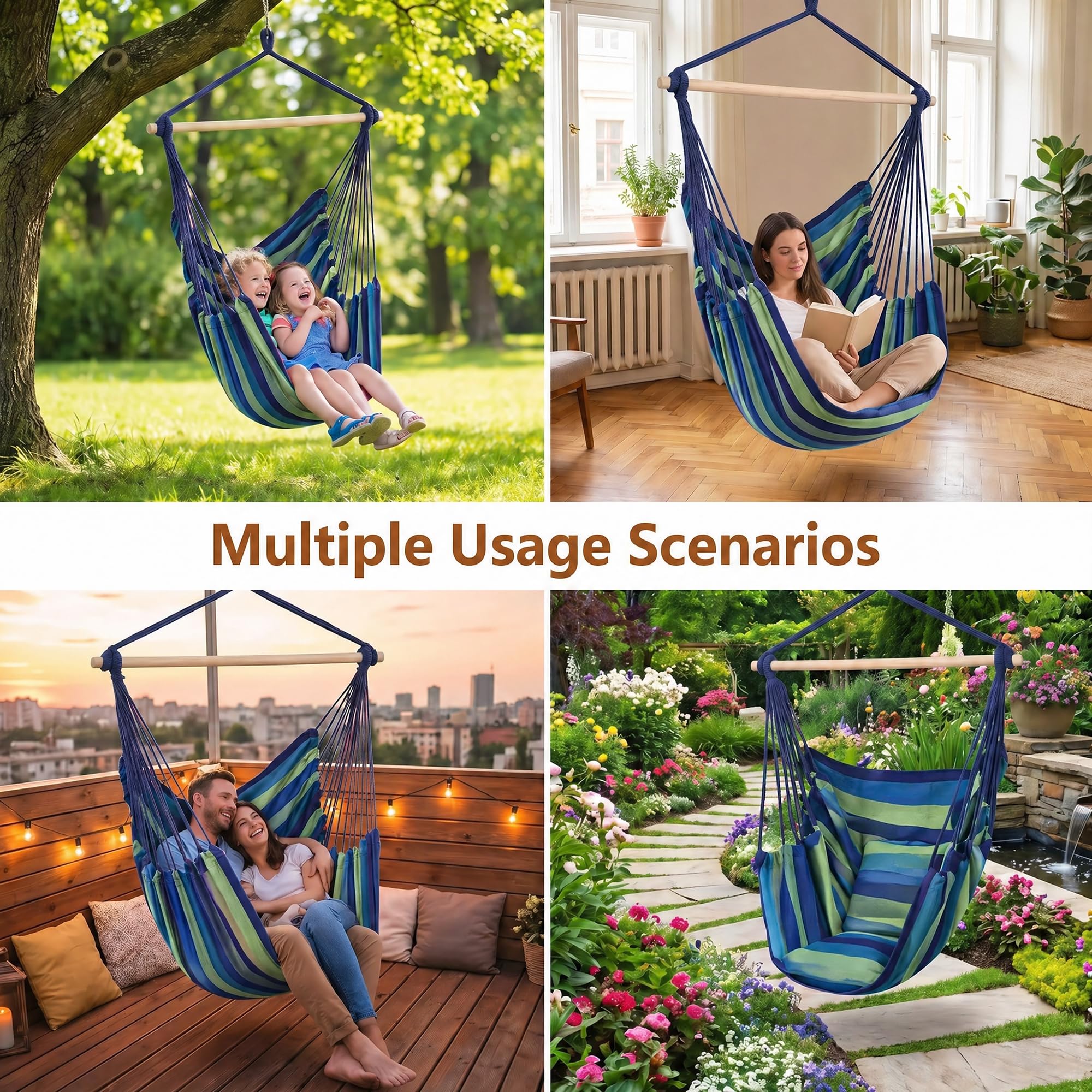 Silla hamaca colgante con 2 cojines, carga máxima de 330 libras, material de lona muy transpirable y cómodo, adecuado para muchos escenarios interiores y exteriores (azul-verde)