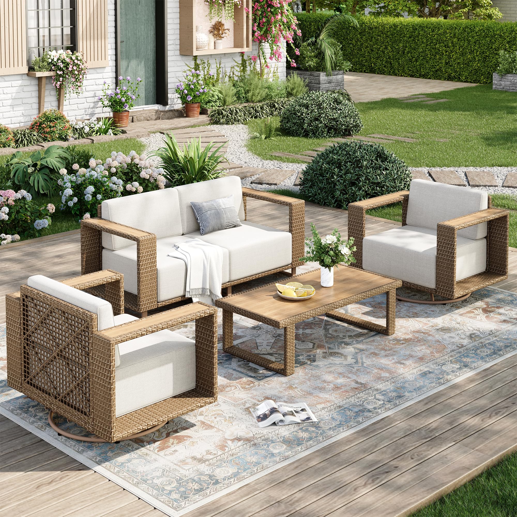 Outdoor Patio Furniture Set, 5 Piece Outdoor Rattan Wicker Sofa Couch, Conversation Sets with 2 Swivel Sofa, 2 Armchairs and Coffee Table for Deck Backyard Lawn