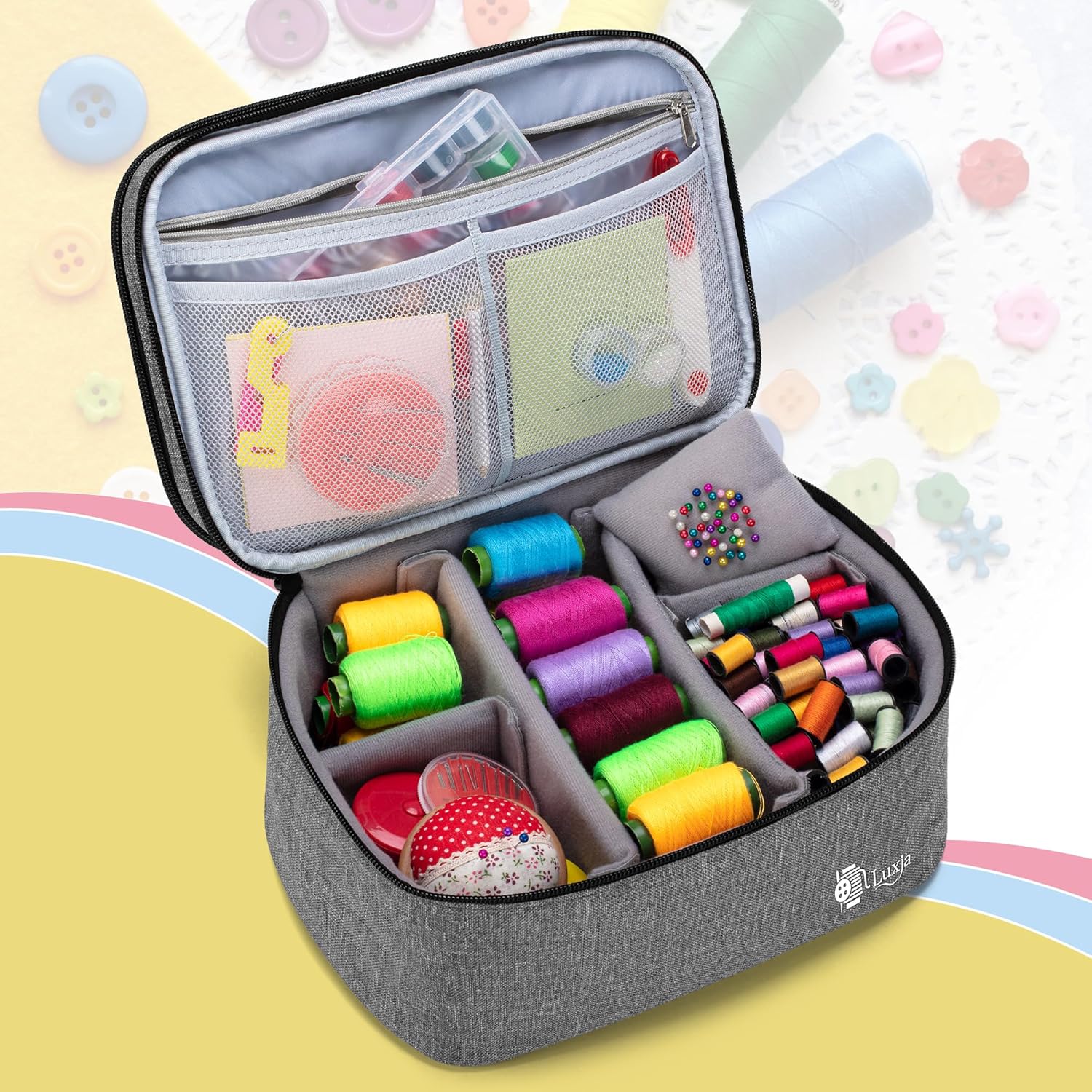 Luxja Double-Layer Sewing Accessories Organizer, Sewing Supplies Organizer for Needles, Thread, Scissors, Measuring Tape and Other Sewing Tools, Large/Gray
