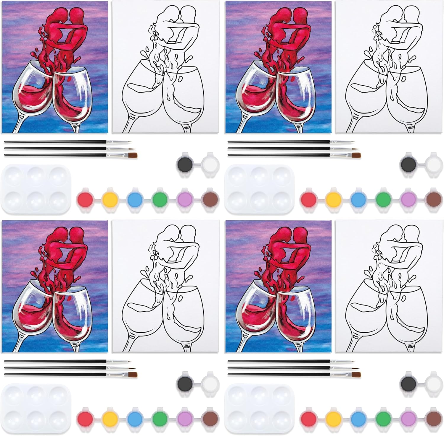 VOCHIC Couple Canvas Painting Kit Pre Drawn Canvas for Painting for Adult Party Kit Paint and Sip Party Supplies Wine Glasses Paint Art Set 8x10 inch Valentine (Pack of 4)