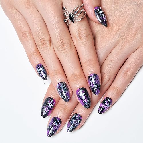 Miniatura 4 de GLAMERMAID - Uñas postizas cortas a presión, color almendra, gótico, morado, pociones, gato, pegamento en uñas de gel, 30 piezas de uñas postizas