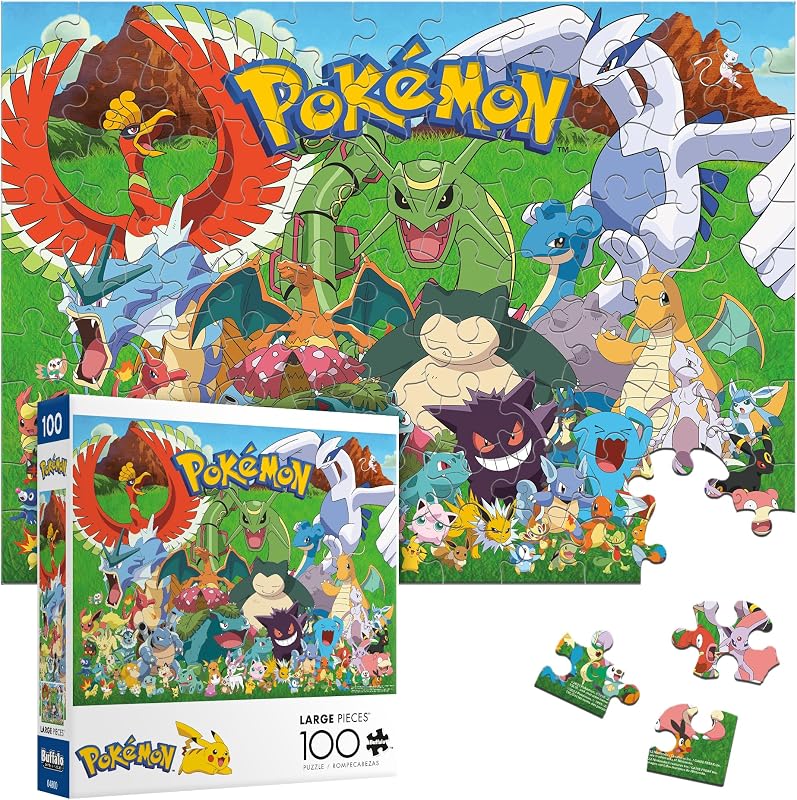 Buffalo Games - Pokémon Fan Favorites - 100 Piece Puzzle for Kids Ages 6-8 | Official Pokemon Licensed, Recycled Board, Finished Size 15 in x 11 in15 in x 11 in, Includes Poster, Giftable