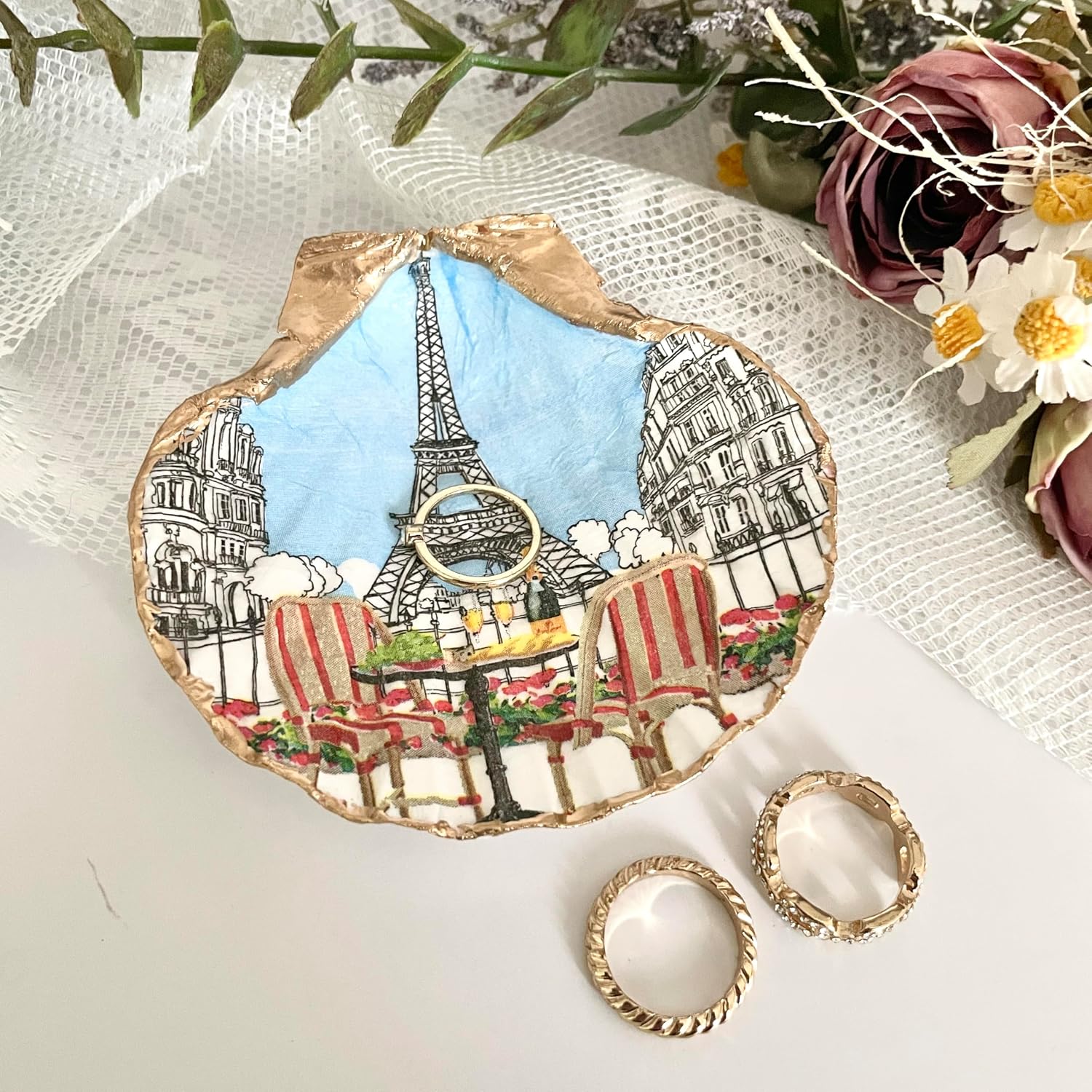 Scallop shell ring dish,Bridal Shower Favors, Romantic Paris Trinket Gifts for Women, Handmade Decor Jewelry Tray Ring Organizer, Birthday Graduation Bridal Wedding Valentines Day Mothers