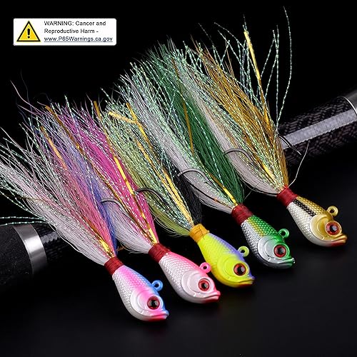 Miniatura 7 de Bucktail Jigs - Señuelos Fluke de agua salada, 5 piezas de cola de cubo, cebos para pesca de cabeza, kit surtido para pelotas, pesca de pescado
