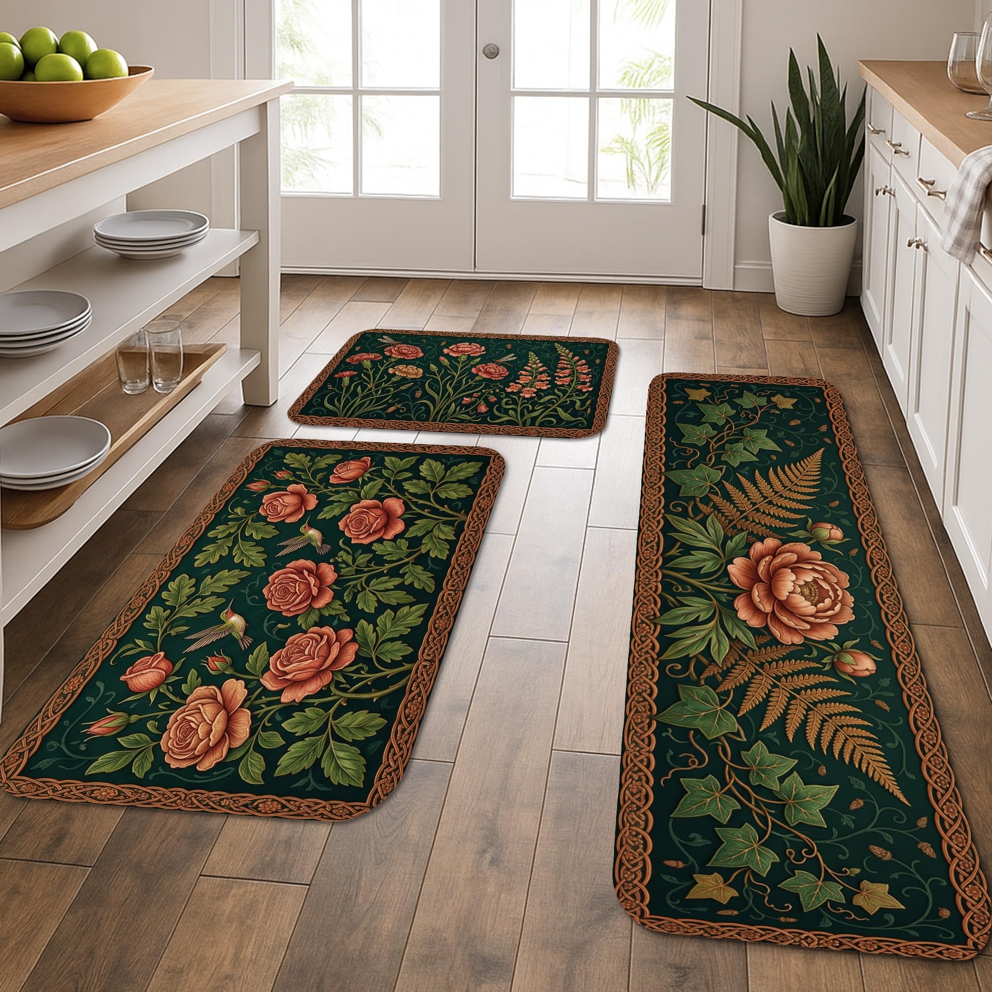 Tapis de cuisine lavable doux motif floral lot de 3 pour salle de bain