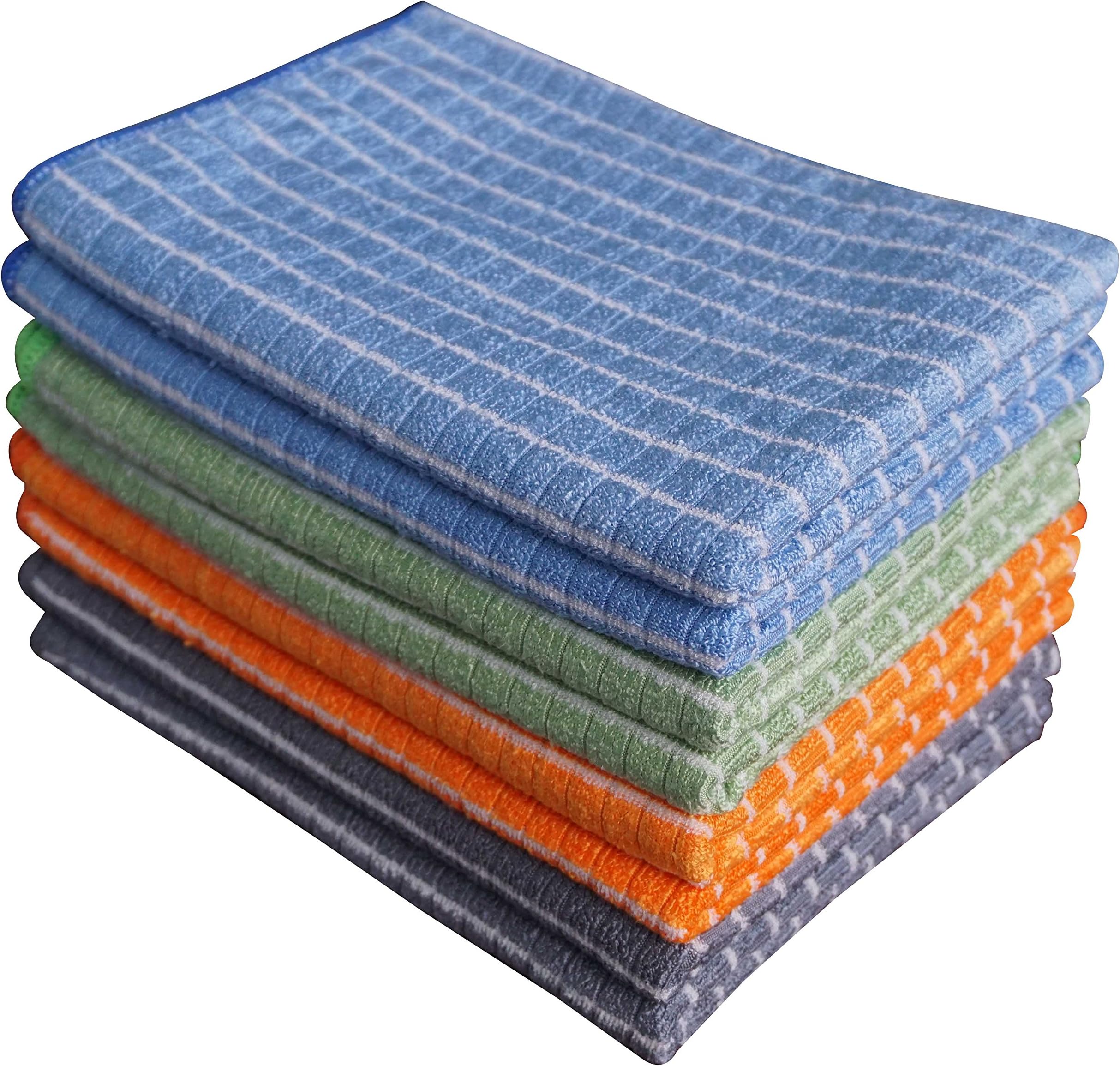 Gryeer Bamboo and Microfiber Kitchen Towels - 8 Pack ( 2 Cool Gray, 2 Blue, 2 Green, 2 Orange) - Super Soft, Absorbent Dish Towels, 18 x 26 Inch