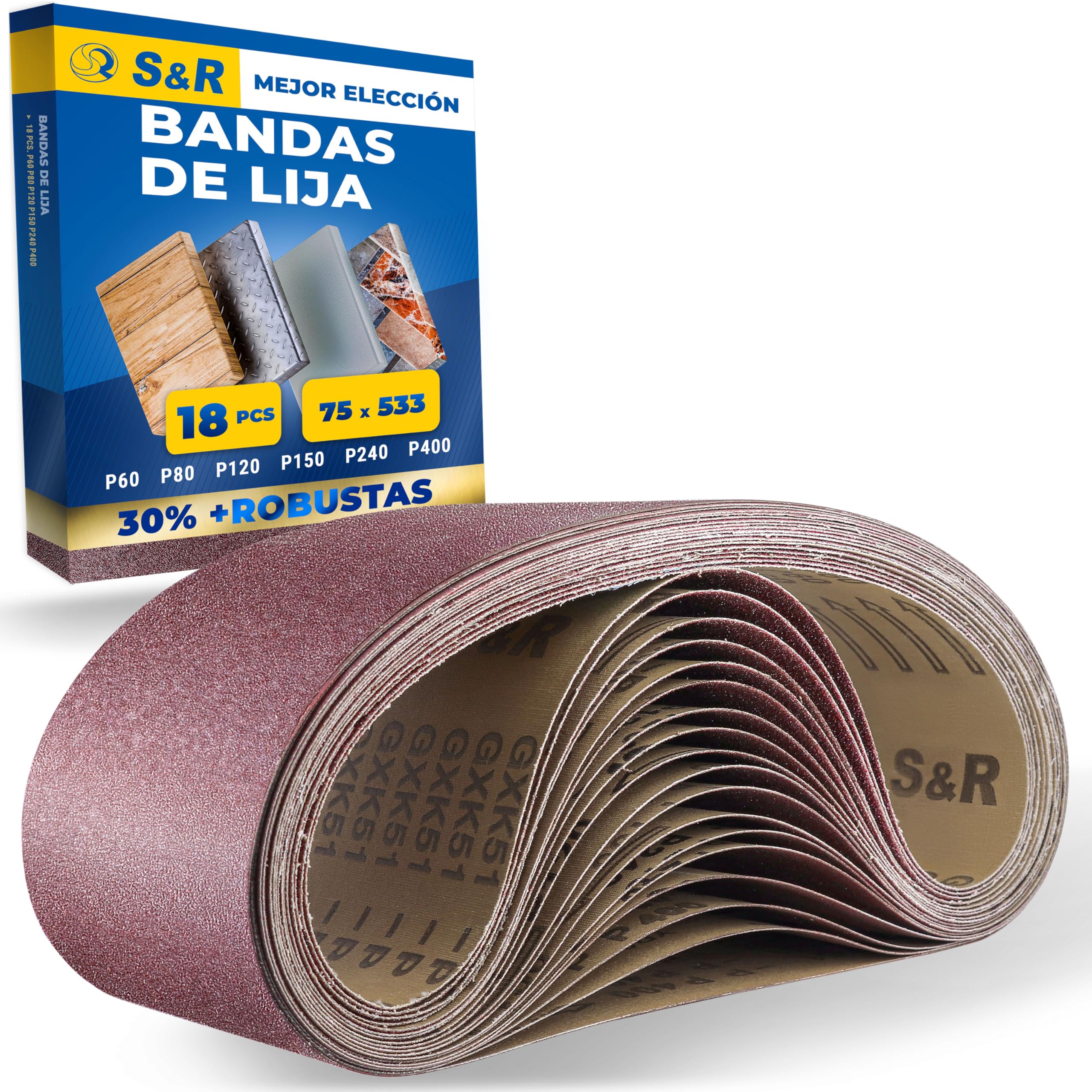 S&R Bandas de Lija Abrasivas para Lijadoras 75 x 533 mm. Juego de 18 Bandas para pulir Metal Madera Pintura: 3 cada grano P60, P80, P120, P150, P240, P400