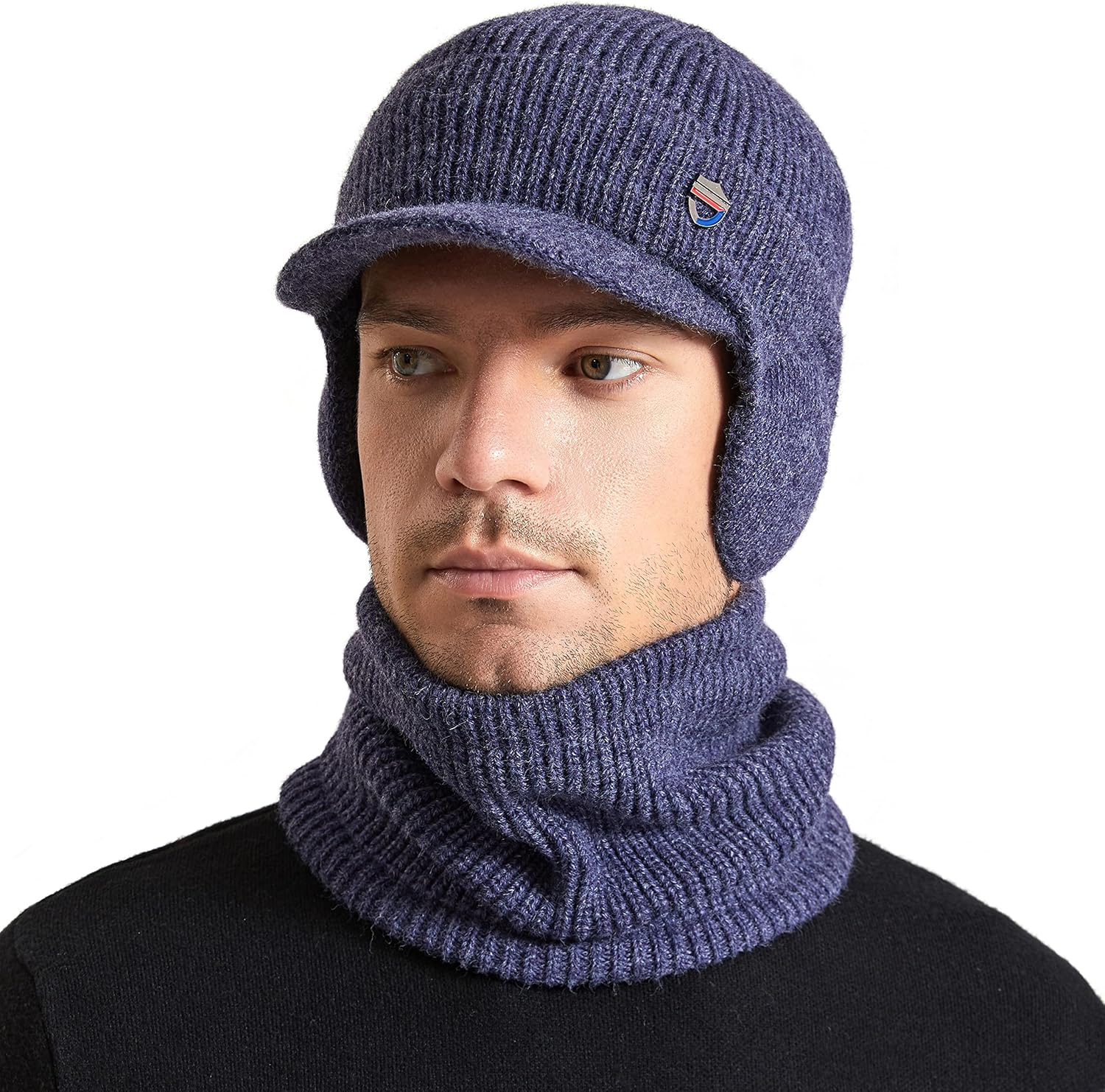Miniatura 2 de Muryobao Gorro de invierno para hombre, con visera de punto, con forro polar y calentador de cuello