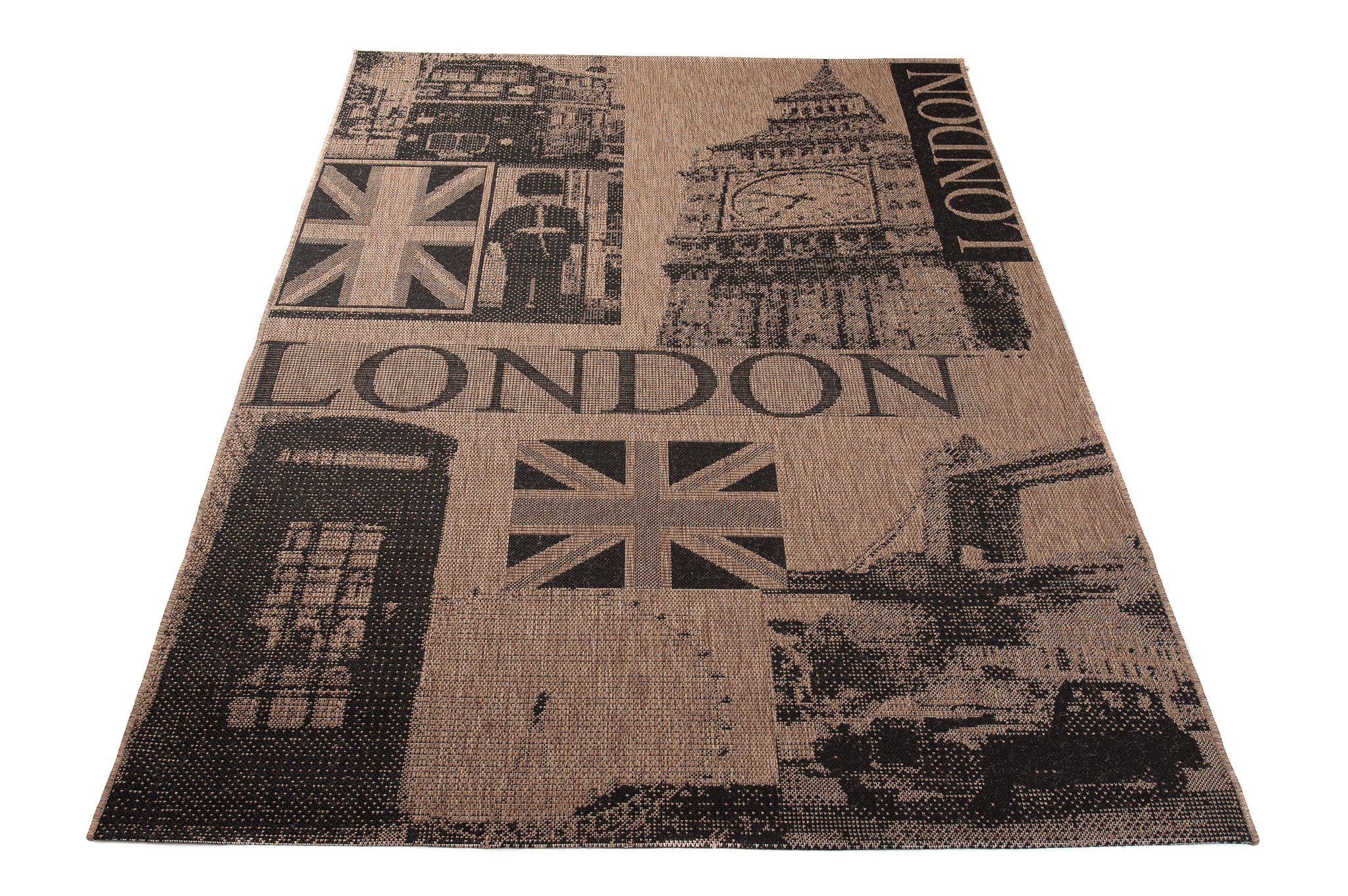 Tapiso FLOORLUX dywan o wyglądzie sizalu, tkanina płaska brązowa, czarna, napis Londyn, nowoczesne wzornictwo, do salonu, kuchni, korytarza, wewnątrz, 200 x 290 cm