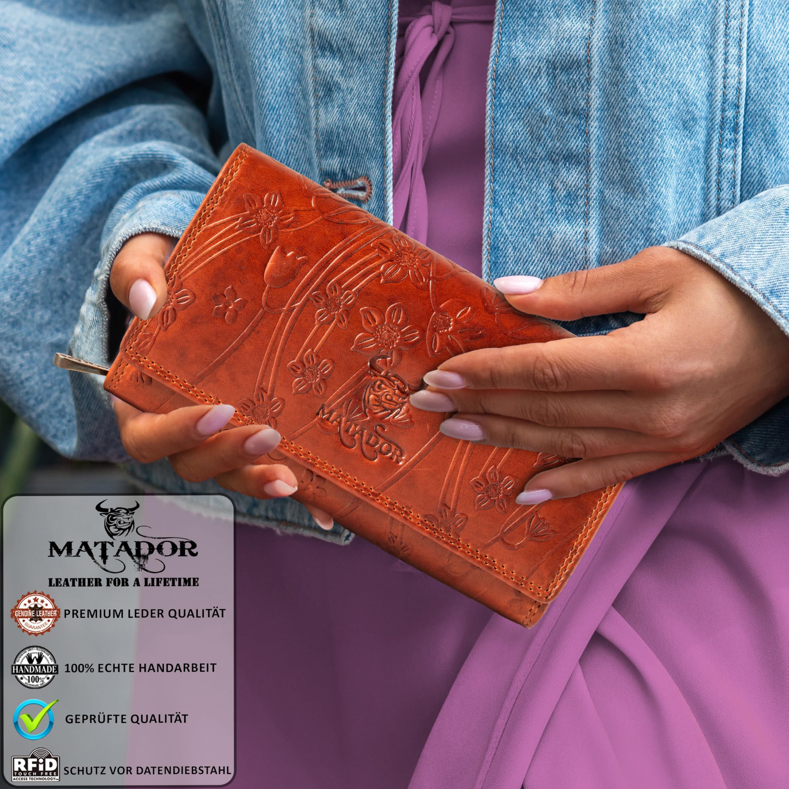 MATADOR Damska portmonetka z prawdziwej skóry, ochrona RFID, rozmiar XXL, wiele przegródek na karty, Brązowy nadruk, 18x 10 x 4.5 cm
