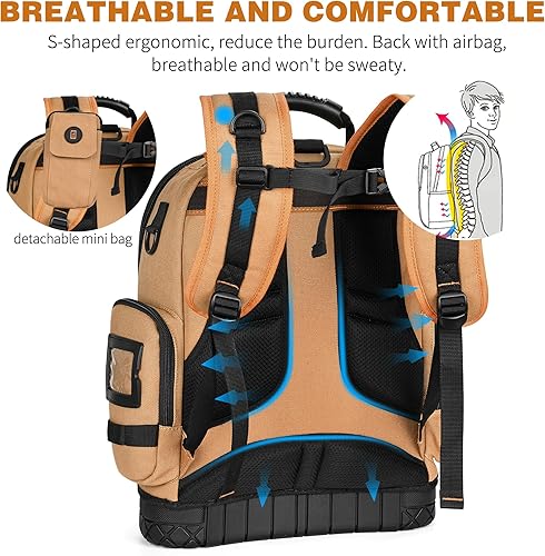Miniatura 3 de Mochila bolsa de herramientas resistente, mochilas de herramientas para electricistas para hombres, trabajos de construcción HVAC, 75 bolsillos y