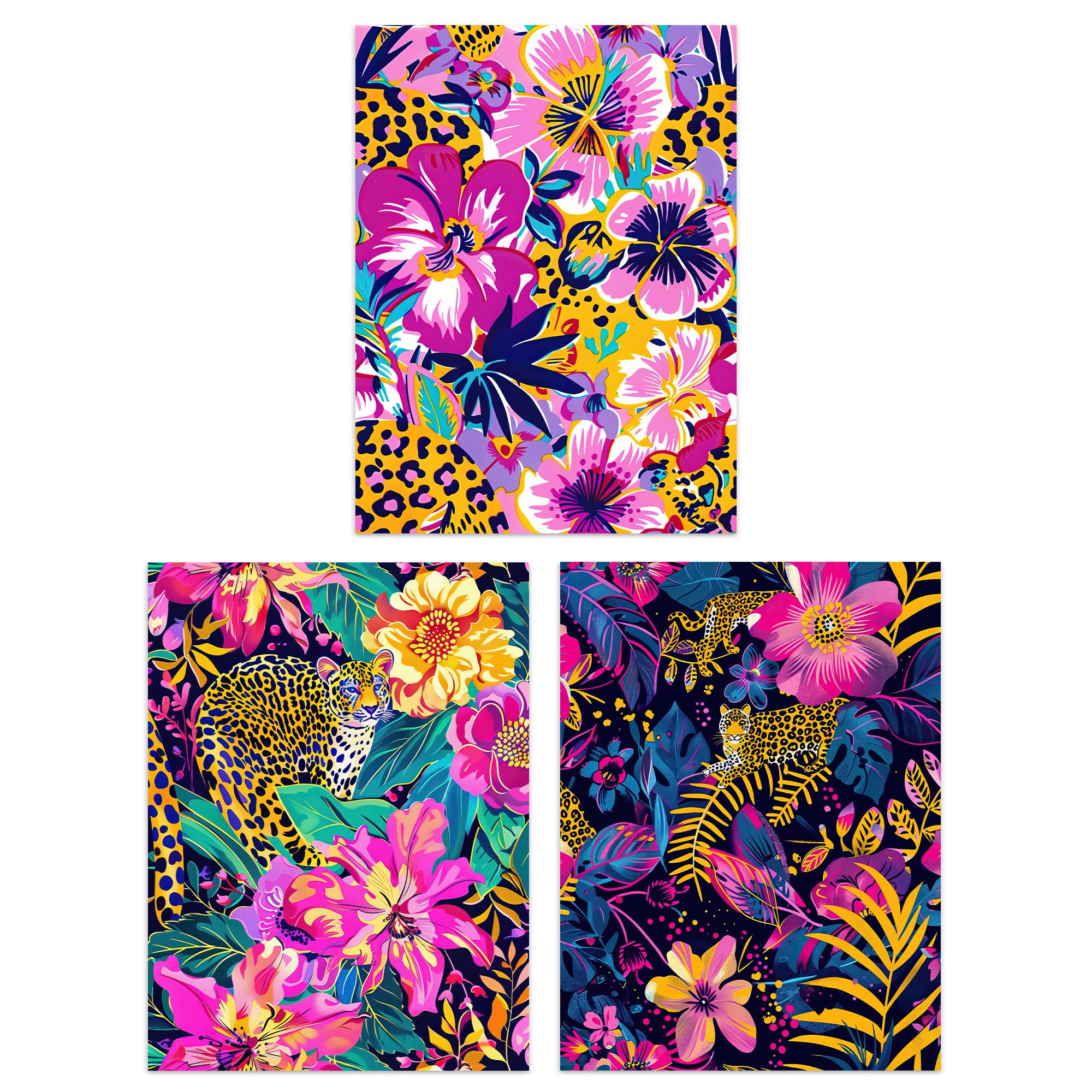 Artery8 Set of 3 Vibrant Flower Leopard Floral Jungle Living Room 12X16 Inch Wall Art Prints Pack