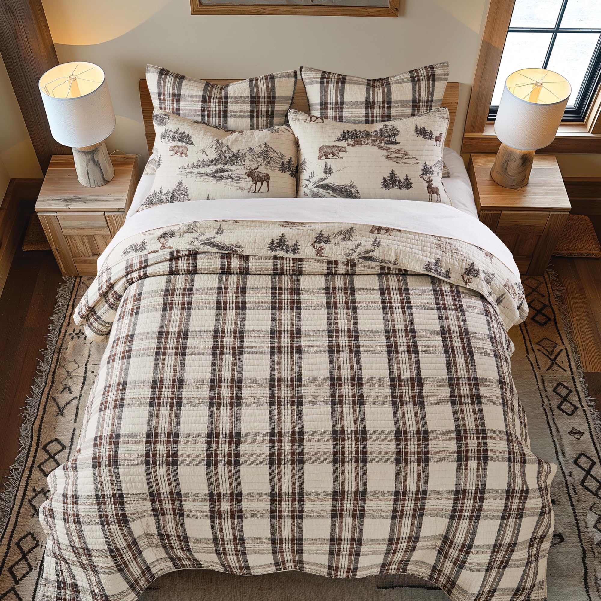 Levtex Home Zestaw kołder Lodge Toile - Kołdra pełna/Queen i dwie standardowe poszewki - Mountain Lodge - brązowy kremowy węgiel drzewny - kołdra (223 x 233 cm) i poszewki (50 x 66 cm) - dwustronna