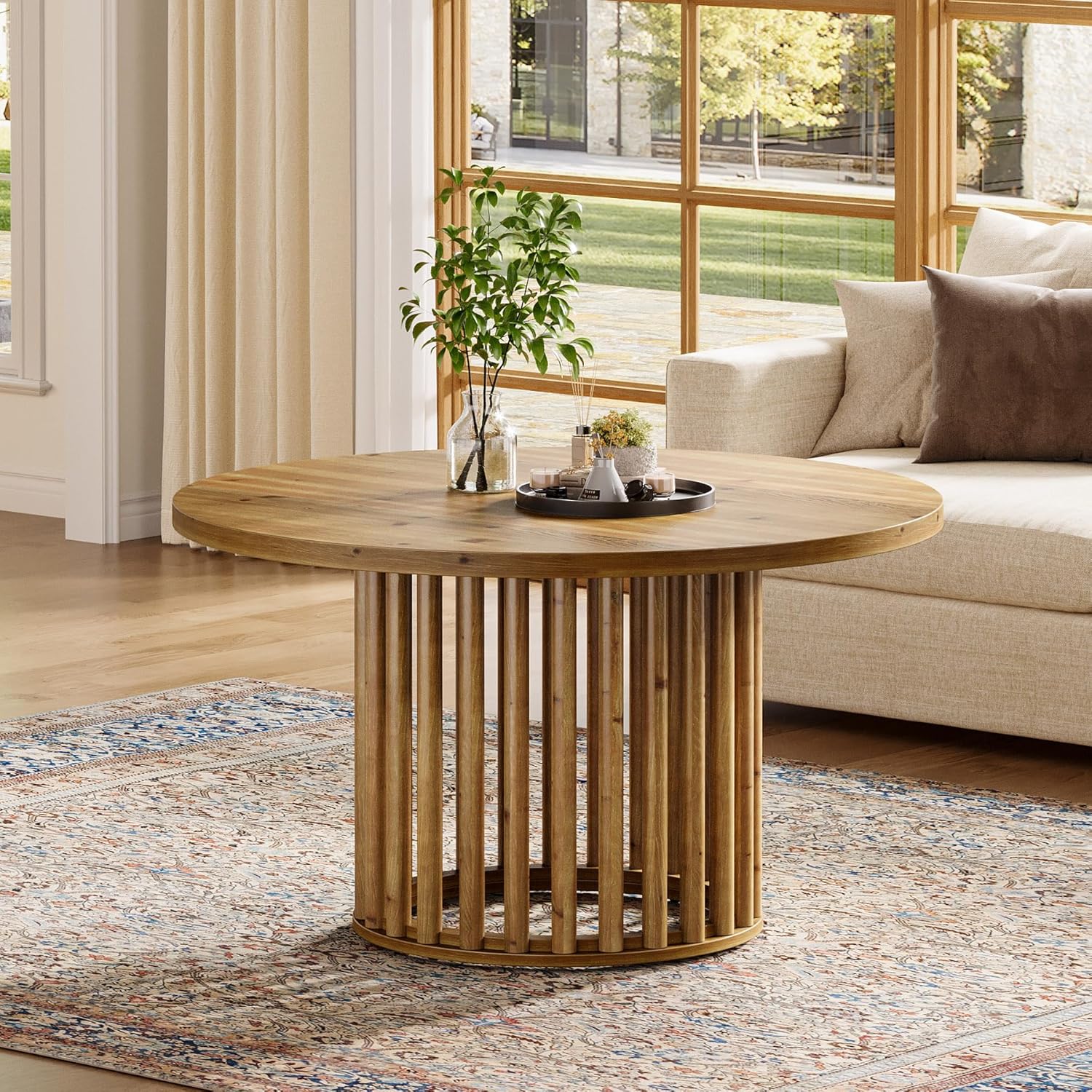 Solid Wood Round Coffee Table for Living Room, 31.5-Inch Farmhouse Wooden Circle Center Cocktail Tea Table with Cylindrical Hollow Base, for Apartment Small Space, Easy Assembly, Rustic Brown