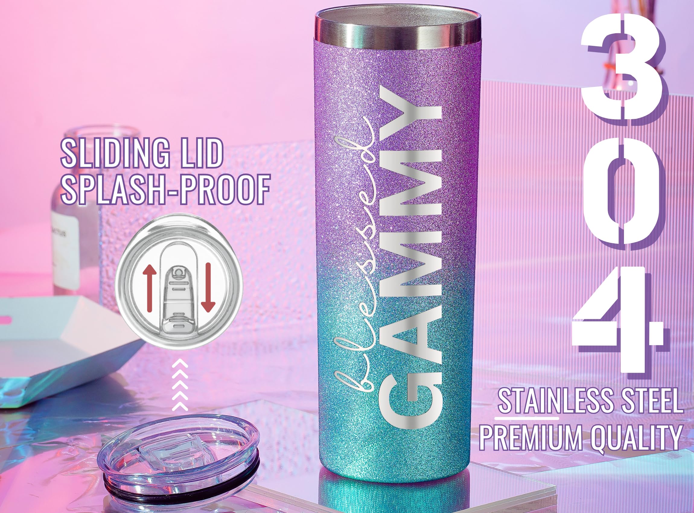 Onebttl Gammy Gifts for Grandma's Mother's Day, 20oz Purple & Blue Glitter Skinny Tumbler, Straw & Lid Included, Christian Gifts for Blessed Gammy