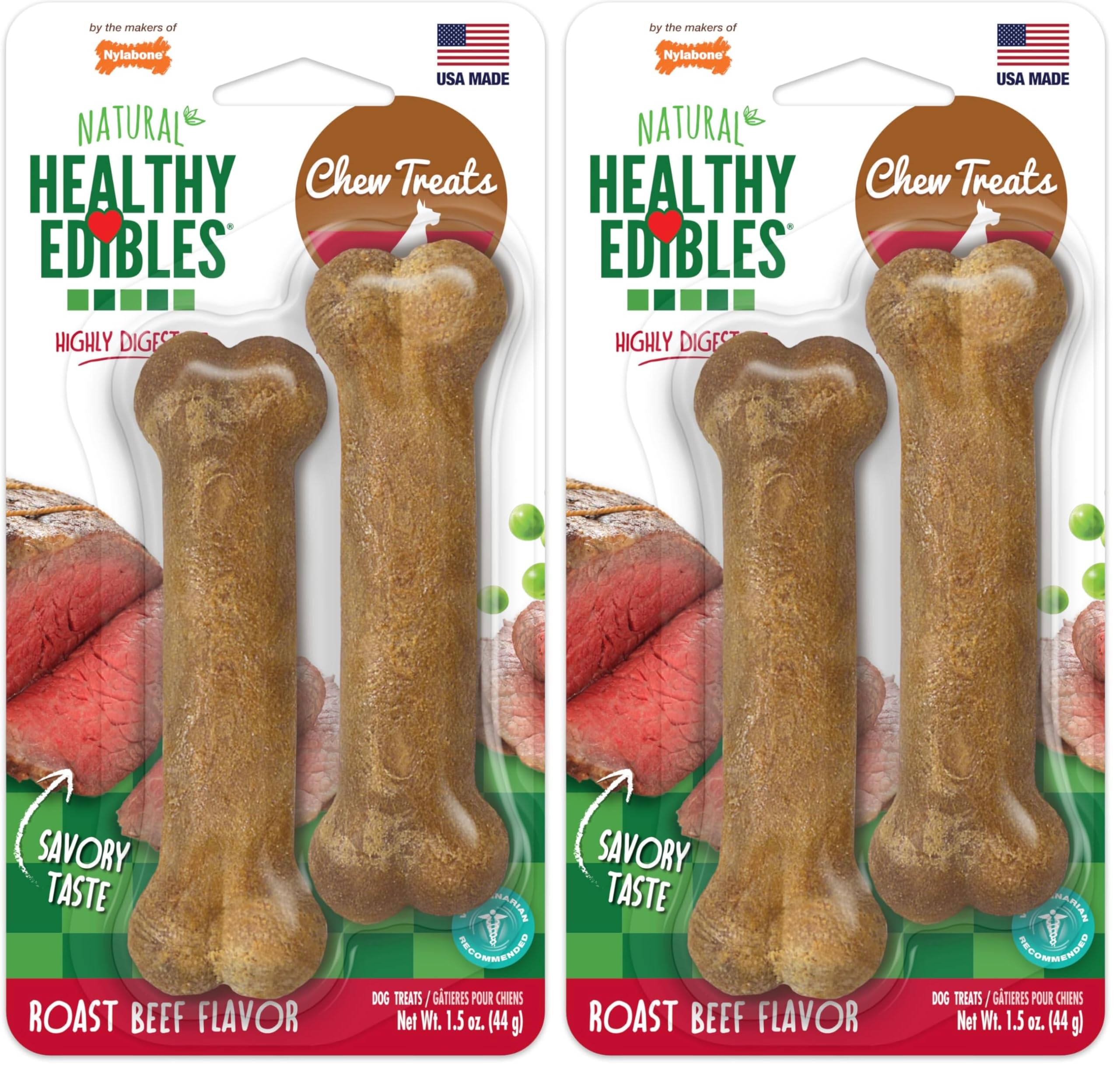 Nylabone Healthy Edibles Natural Dog Chews Long Lasting Roast Beef Flavor Treats for Dogs, X-Small/Petite (2 Count) (Pack of 2)