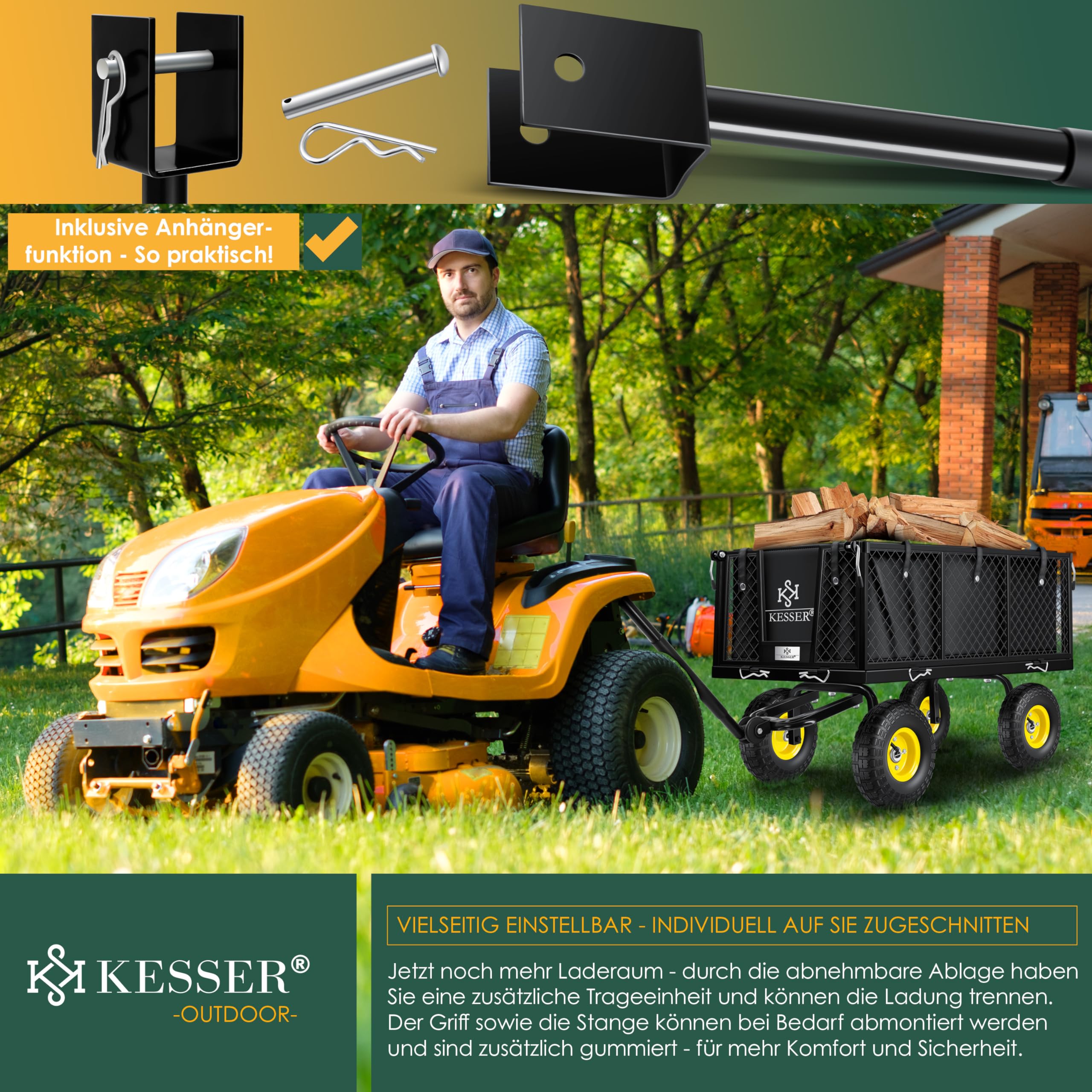 KESSER® Gartenwagen Bollerwagen Transportwagen 700kg belastbar Gartenkarre, inkl. herausnehmbare Plane, Luftreifen Gerätewagen Handwagen vielseitig einsetzbar inkl. Handschuhe + Ablage, Farbe:Schwarz