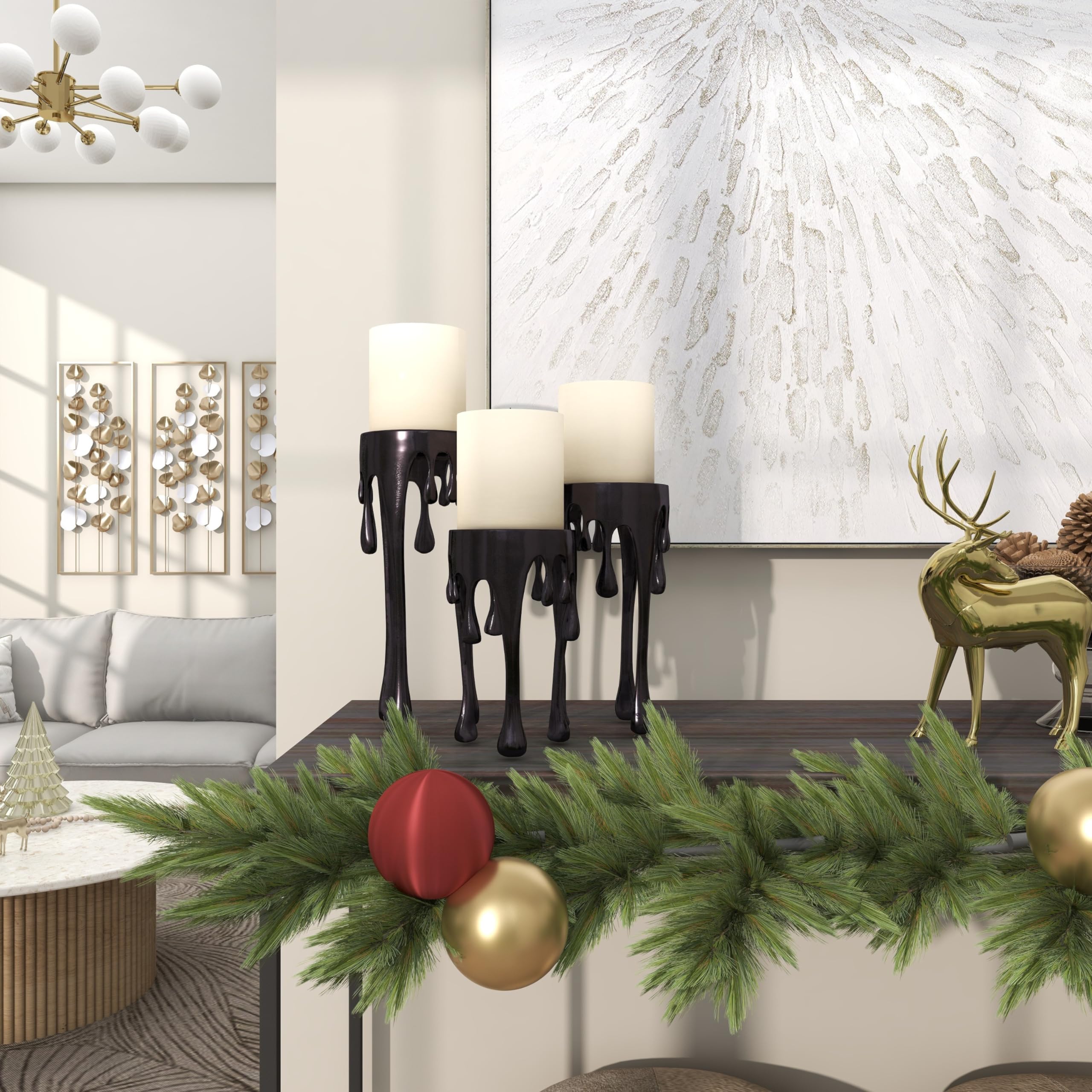 CosmoLiving by Cosmopolitan Aluminum Metal Decorative Candle Holder Pillar Candle Stand with Dripping Melting Designed Legs, Set of 3 Candlestick Holder 12", 10", 8"H,: Black