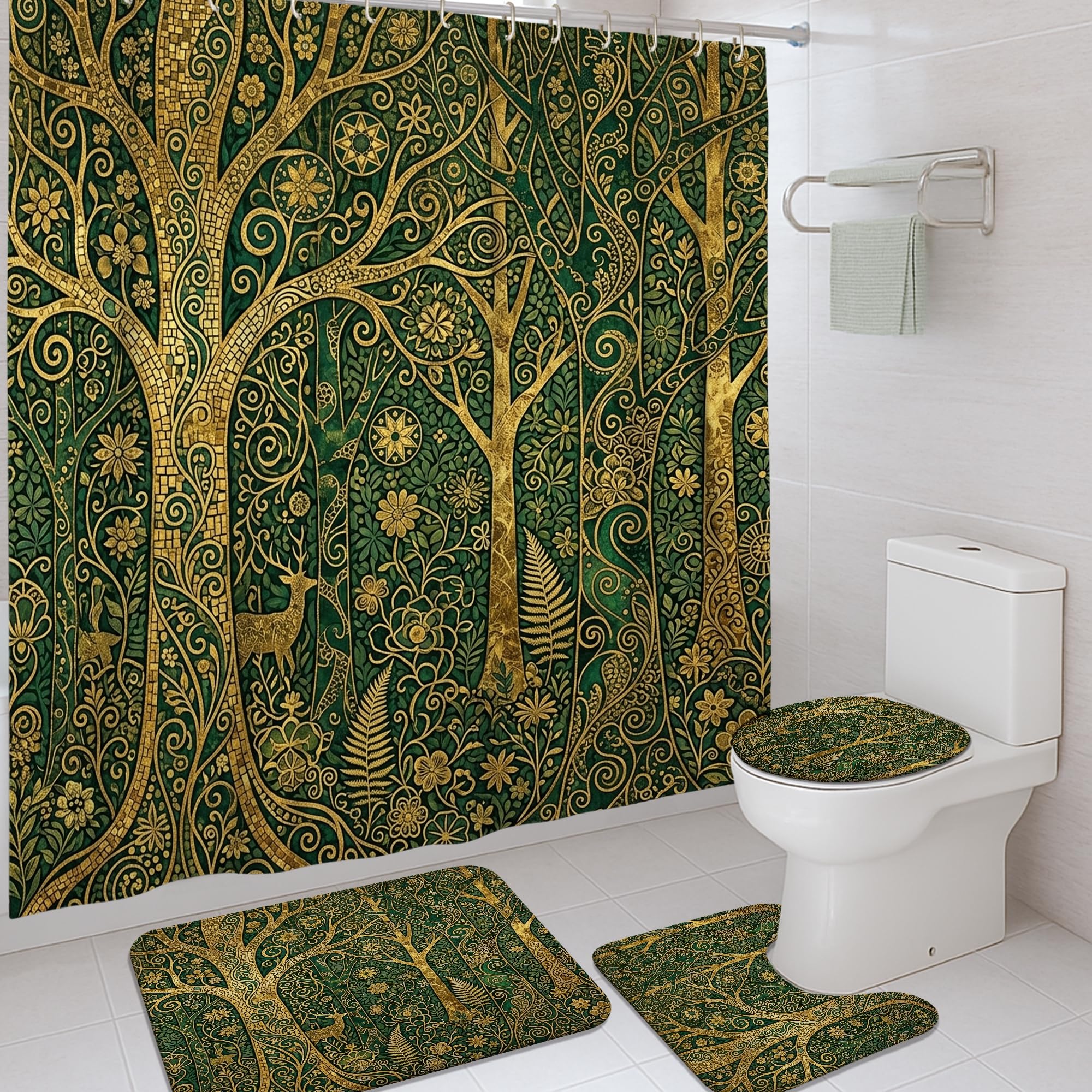 Rideau de douche chic motif cerf et végétation d'hiver, textile noble avec tapis de bain premium