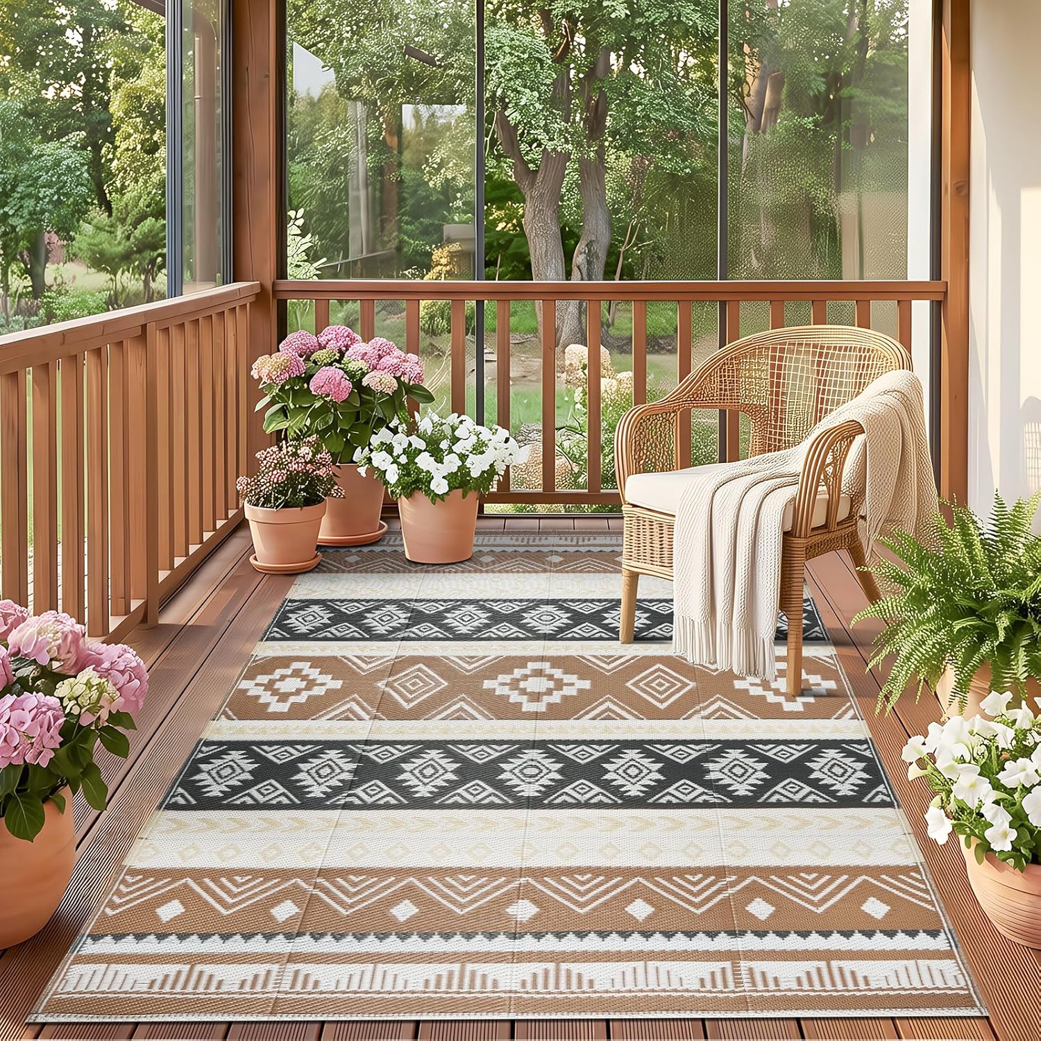 Outdoor Rug 5x8 ft Waterproof Reversible Plastic Straw Patio Camping Rug, Portable Indoor Outdoor RV Mat Carpet for Deck, Camper, Porch, Balcony, Backyard, Picnic, Brown