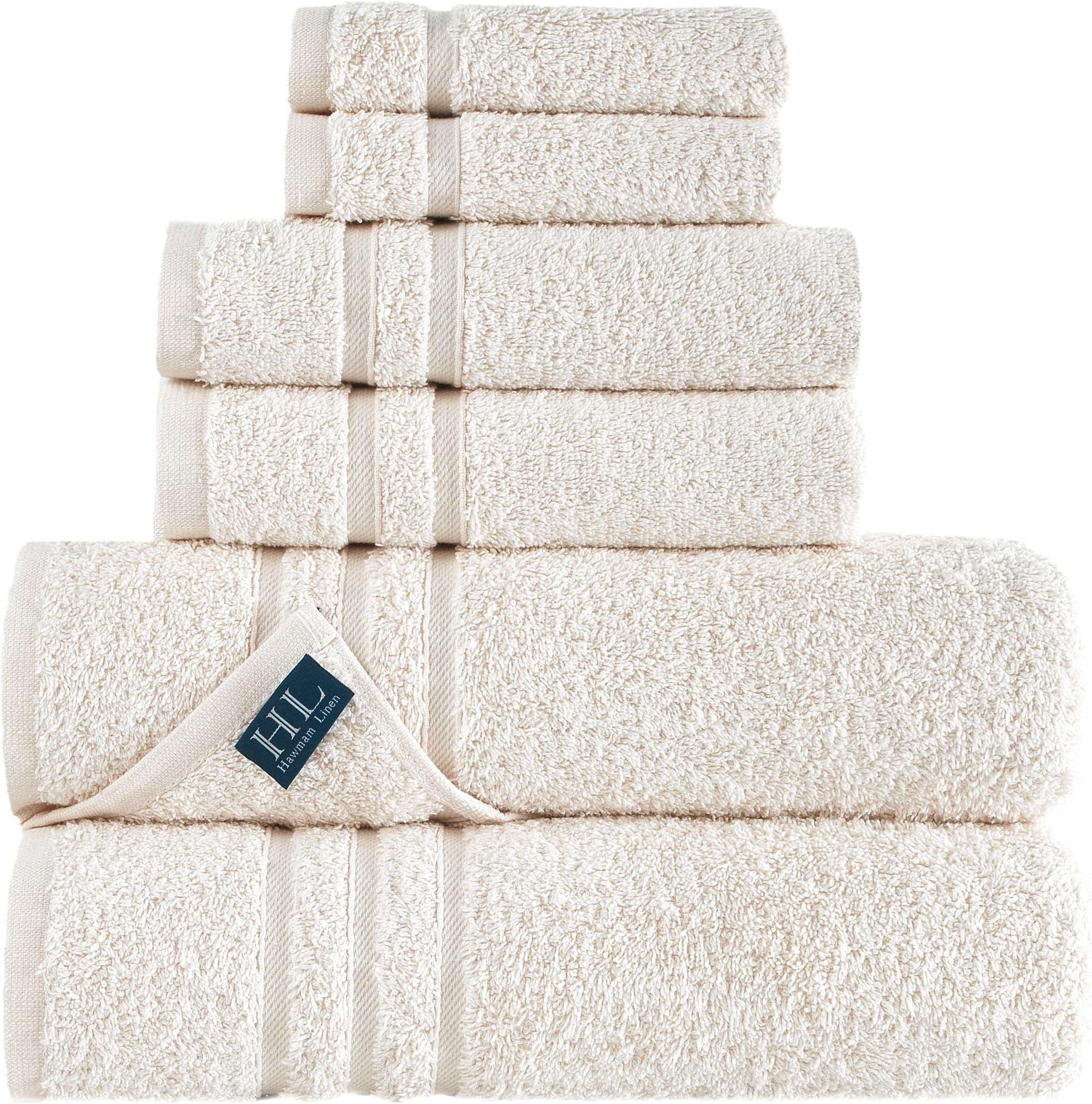 Hawmam Linen Cream 6 Piece Bath Towels Set for Bathroom Original Turkish Cotton Soft, Absorbent and Premium 2 Bath Towels, 2 Hand Towels, 2 Washcloths (Sea Salt)
