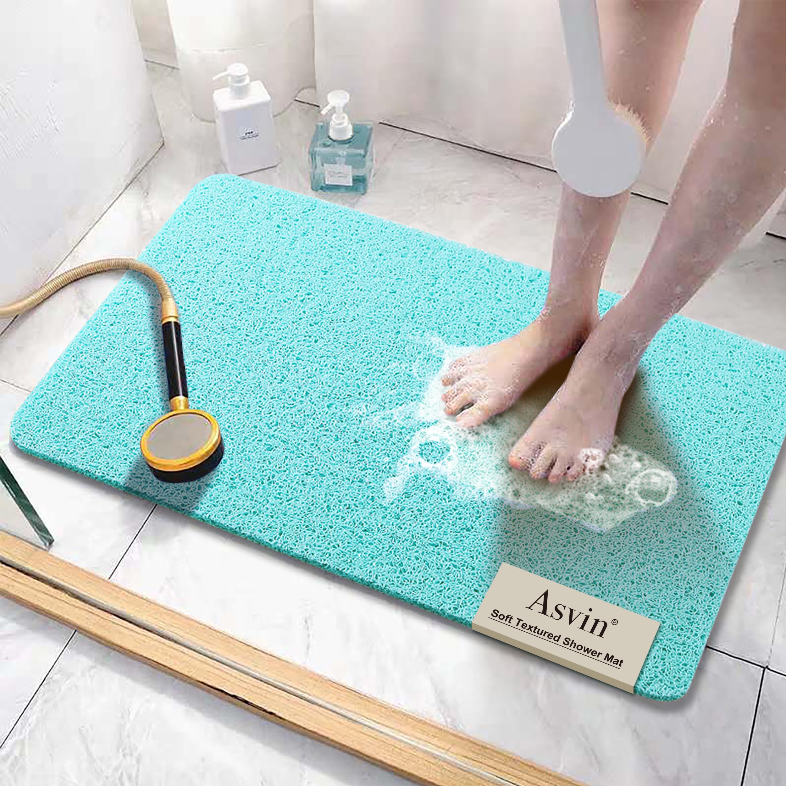 Asvin Soft Textured Bath, Shower, Tub Mat, 24x32 Inch, Phthalate Free, Non Slip Comfort Bathtub Mats with Drain, PVC Loofah Bathroom Mats for Wet Areas, Quick Drying, Green, 24'' x 32''