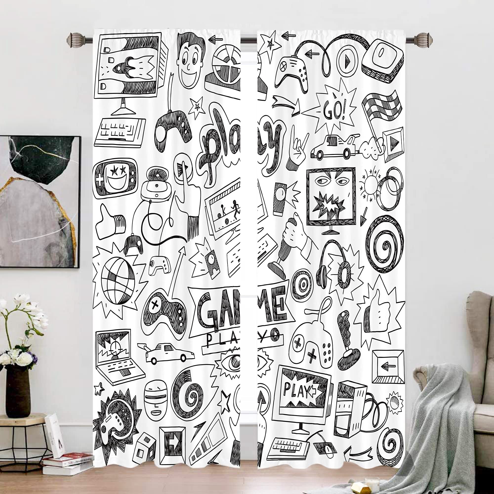 Cinbloo Kids Video Games Curtains 52W x 84L Inch Rod Pocket Black White Gamer for Teen Boys Bedroom Decor Gaming Racing Monitor Device Gadget 90's Art Printed Living Room Window Drapes Fabric 2 Panel