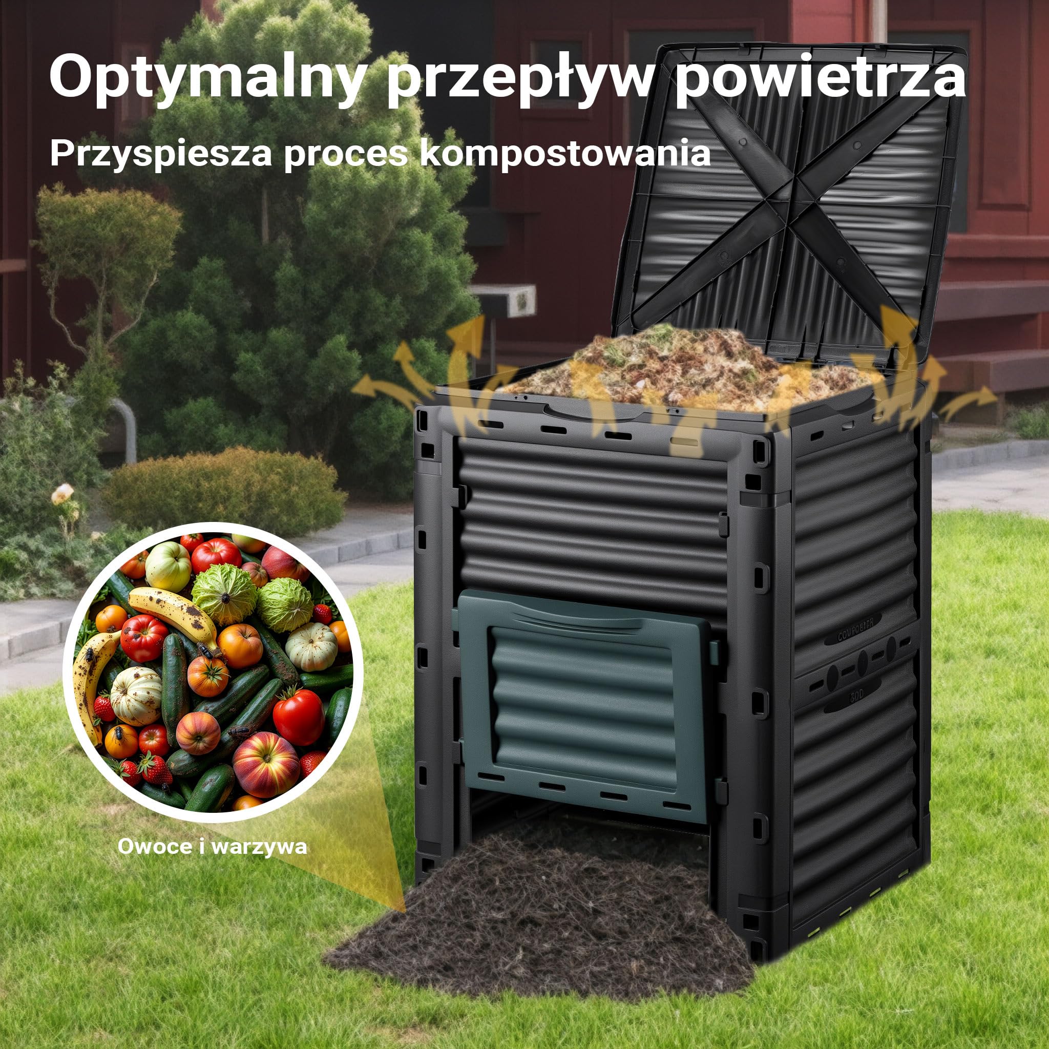 Wiltec Kompostownik ogrodowy modułowy 300 l o wymiarach 61 x 61 x 82 cm, plastikowy kompostownik na odpady organiczne, z pokrywą i klapą do opróżniania