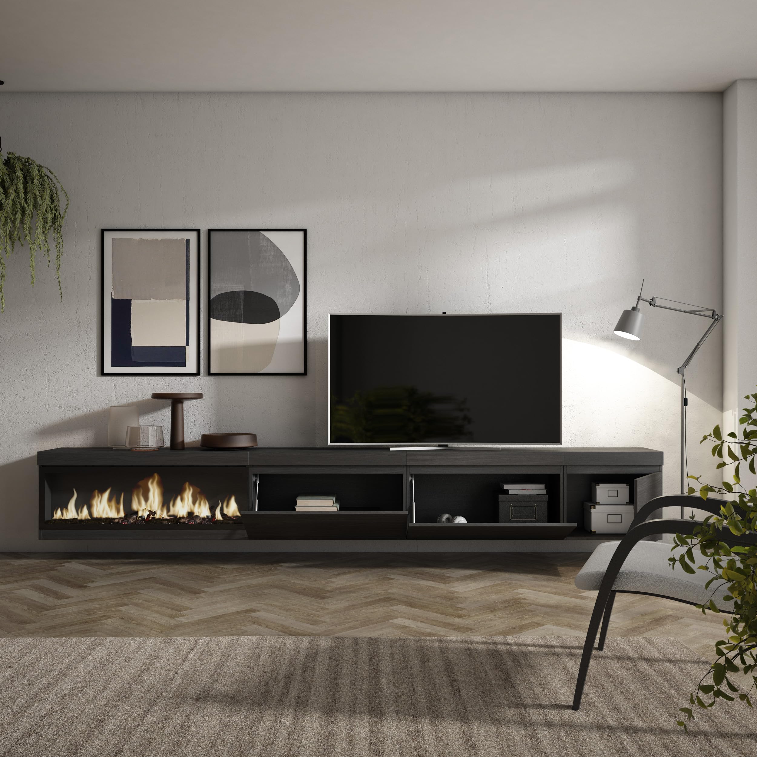 Skraut Home | TV-Schrank, Lowboard | für Wohnzimmer und Esszimmer | 317x45x35 cm | Elektrokamin XXL | Hängend | Moderner Stil | Schwarz