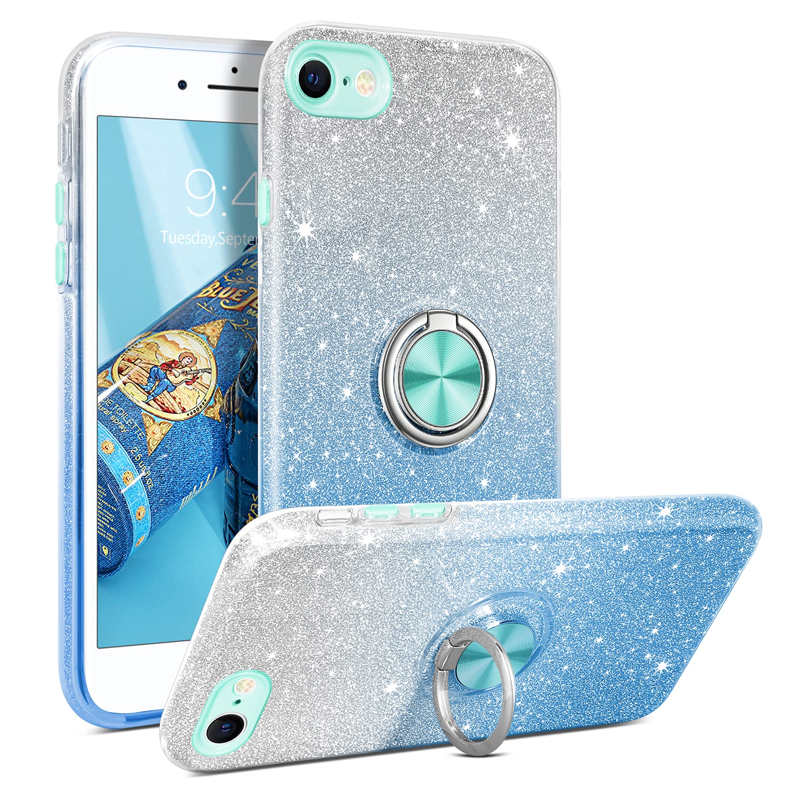 Custodia YINLAI Per IPhone 14/13 Con Anello Supporto: Glitter Sfumato Rosso, 3 Strati Protettivi Per Ragazze