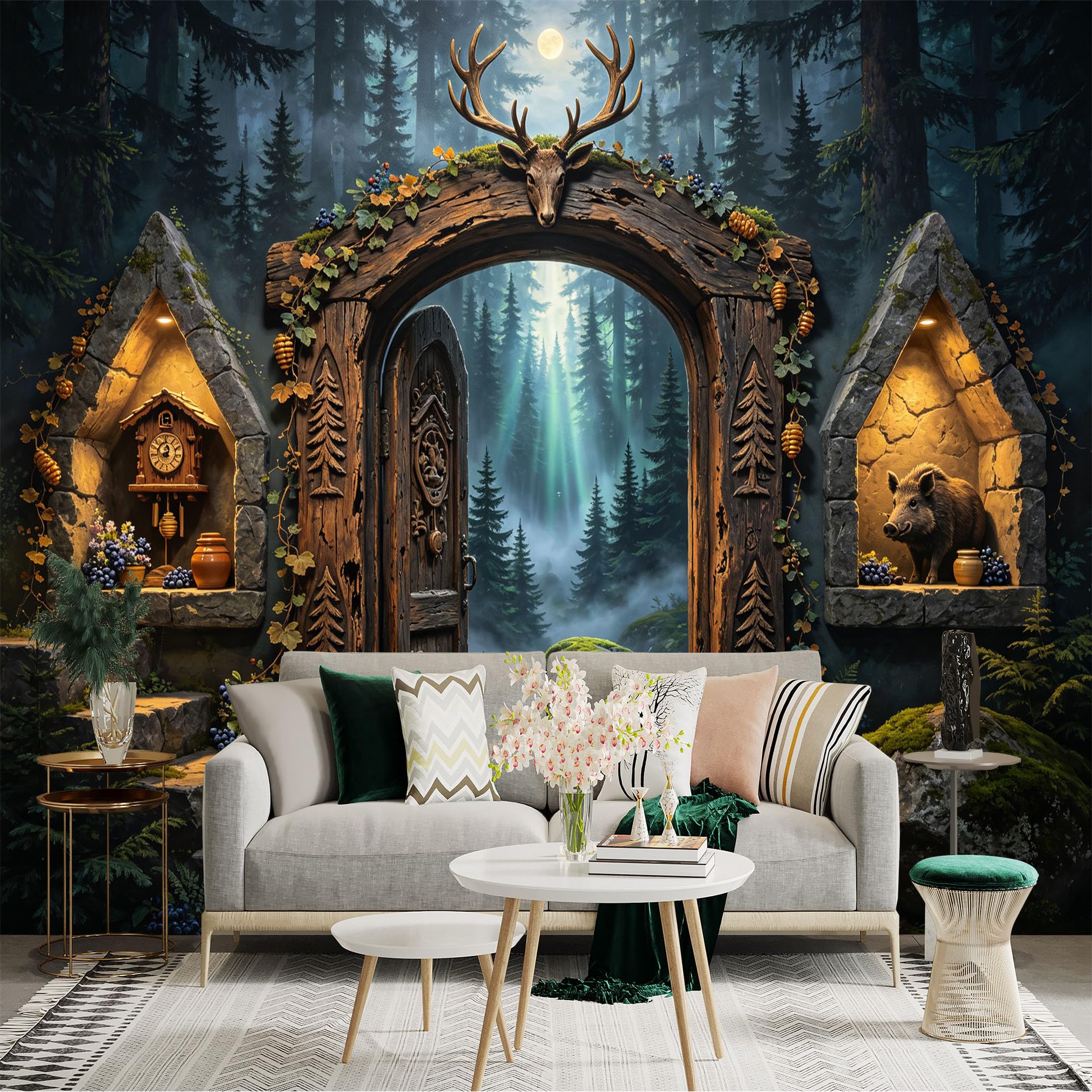 Custom Size Wall Sticker Mural， Mystical Forest Gateway with Deer Antlers， Rustic Woodland Cabin Scene， for wall Decoration， peelandstick wall Decals.