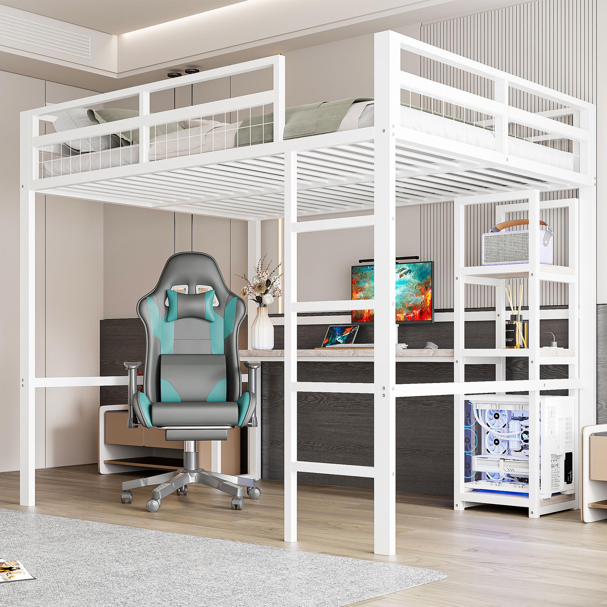 Letto a soppalco in metallo, 140 x 200 cm, scrivania con presa e scaffale, con ricarica USB + Type-c, per bambini, ragazzi e adulti, letto a castello, senza materasso (bianco)