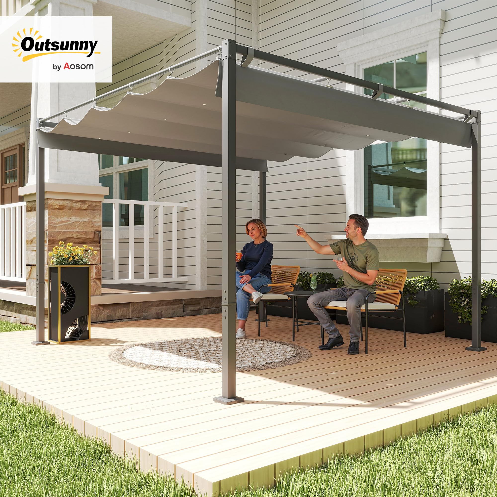 Outsunny Pergola Rétractable Coulissante 3 x 3 m, tonnelle de Jardin à Fixation magnétique Tissu Polyester Haute densité 180g/m² résistant aux UV, pour patios, Jardin, terrasse, arrière-Cours, Gris