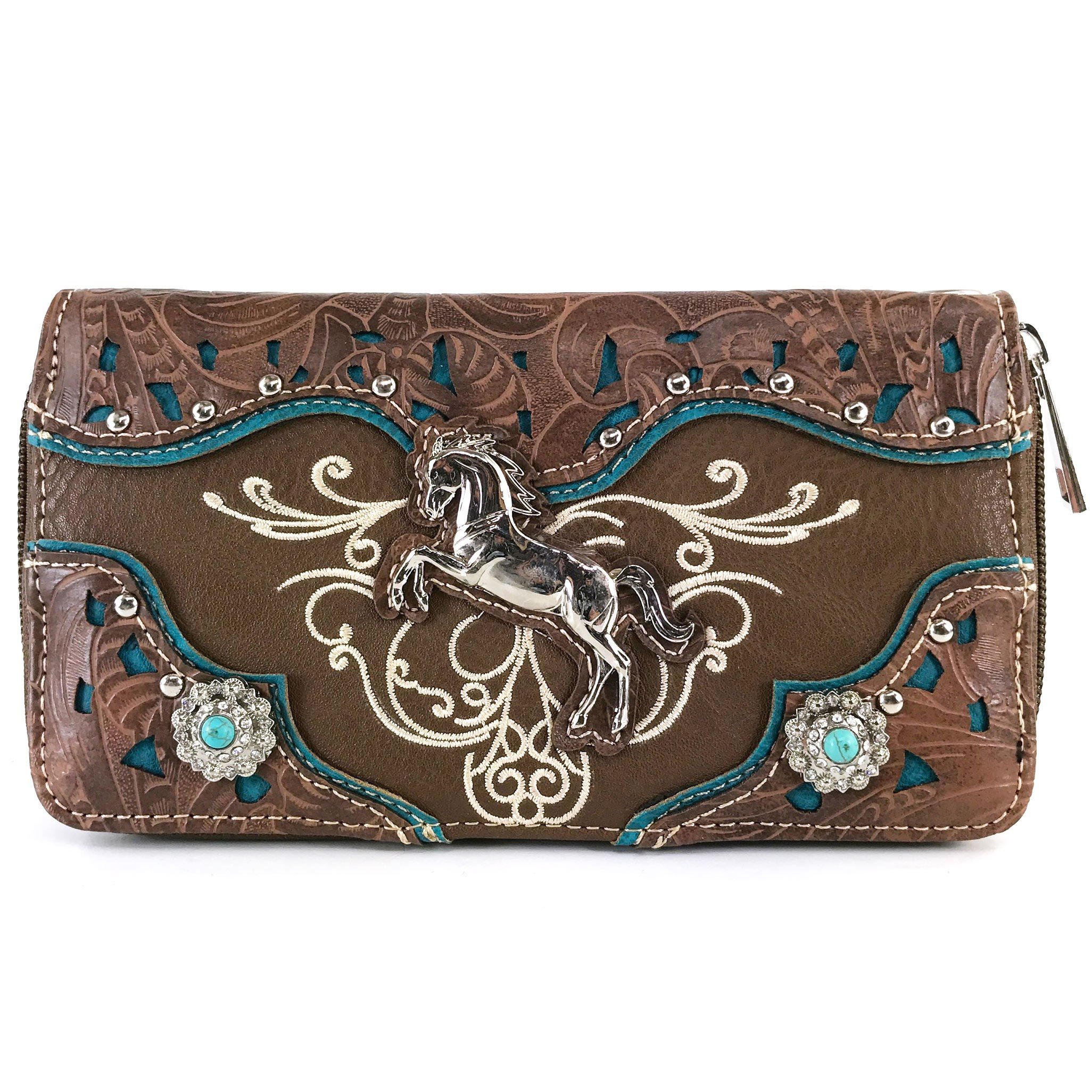 Justin West Brown Horse Embroidery Studded Concealed Carry Handbag Purse Matching Wallet (Brown Wallet)